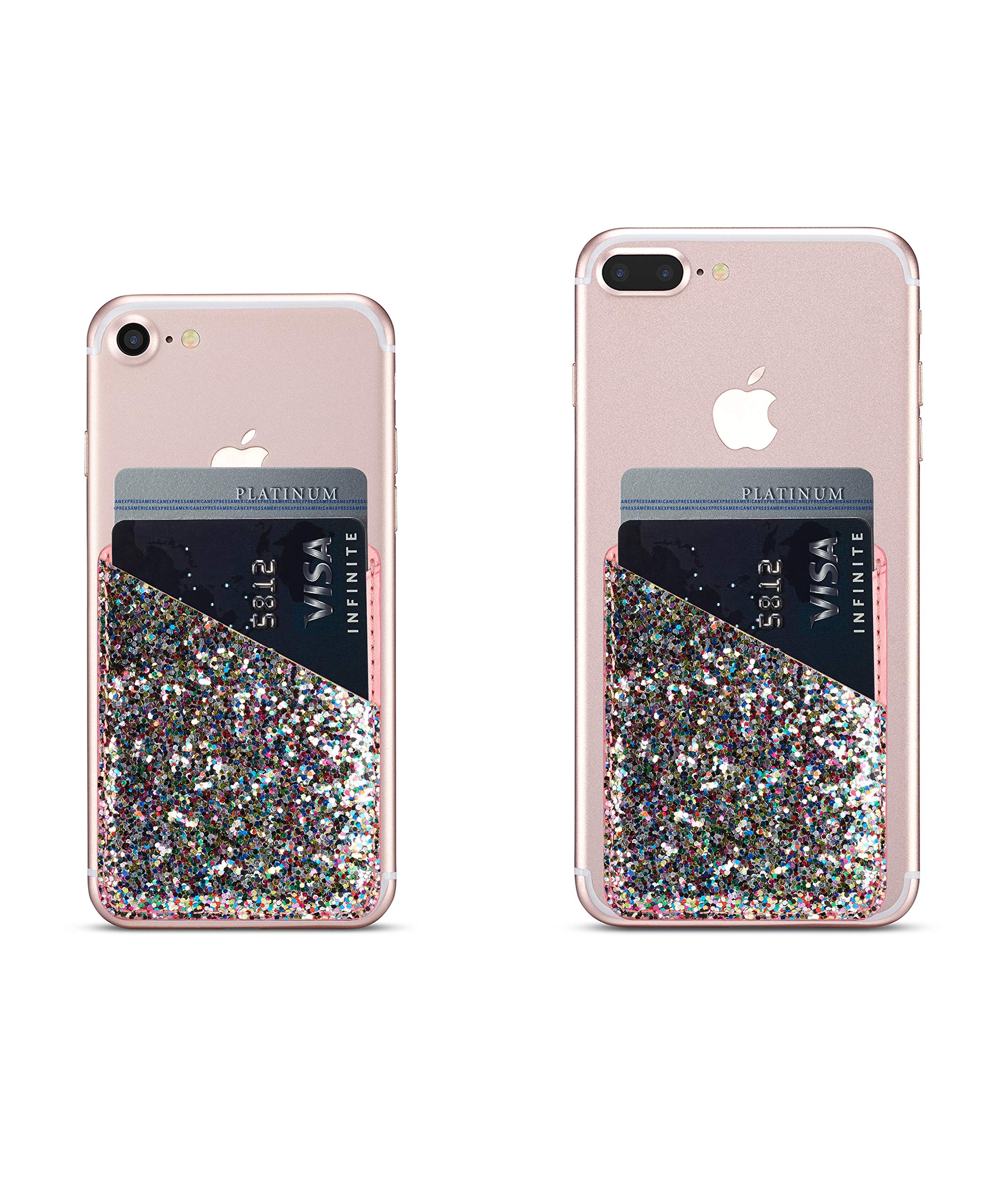 Arlgseln Glitter Phone Card Holder, Multi-Functional ID Credit Cards Slot Adhesive Purse Sleeve Stick on Wallet for iPhone 11 Pro/XS/SE,Galaxy Note 20 Ultra/S10/A70/A51 (Colorful+Pink)