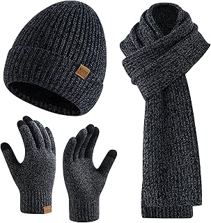 Mens Winter Beanie Hat Touchscreen Gloves Long Scarf 3 Set with Warm Fleece Lined Knit Cap Scarves for Men Women