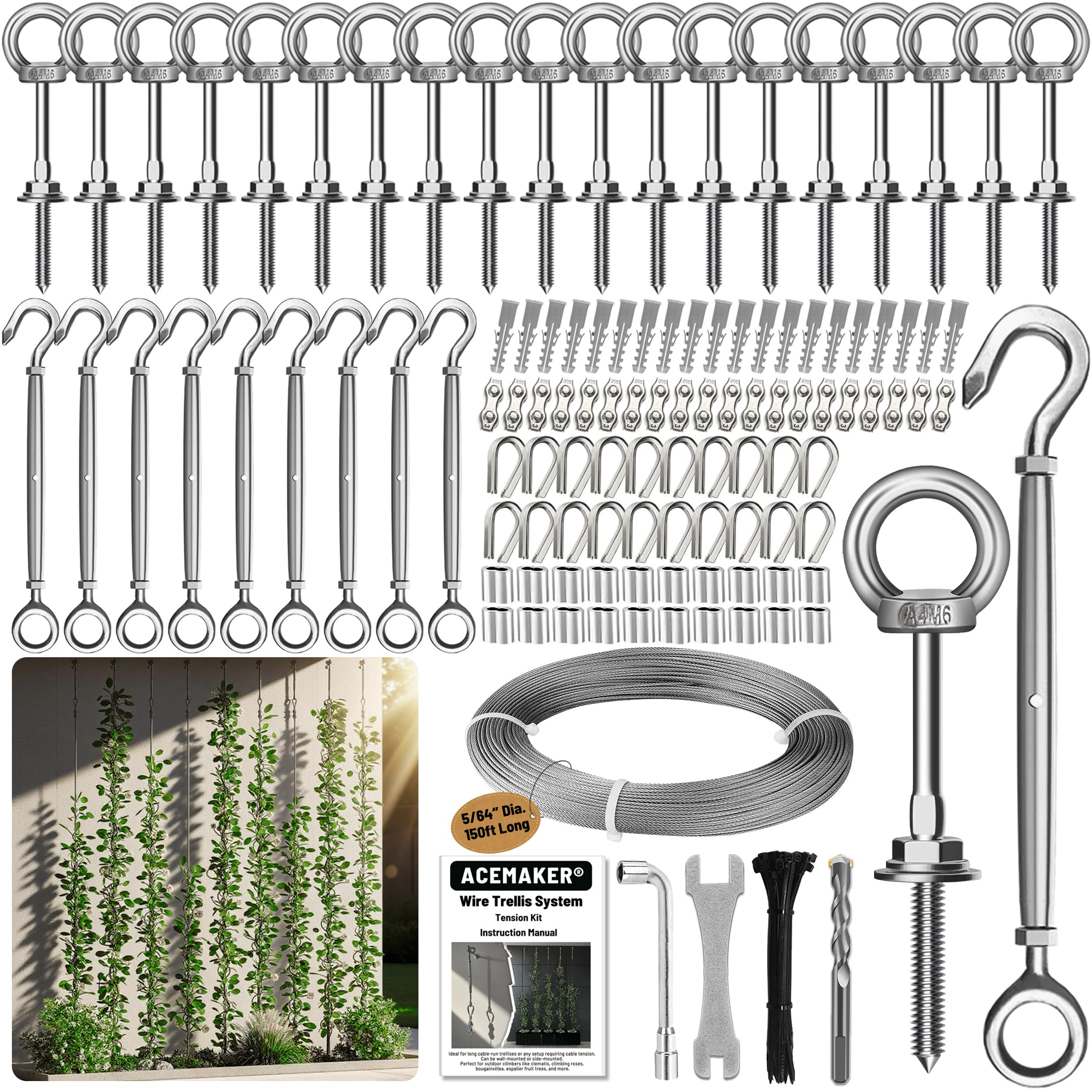 Kit di tralicci in filo metallico tensionato, cavo da 2 mm x 45,7 m, con tenditori in acciaio inox T316, per piante rampicanti all'aperto, sistema a spalliera per recinzioni e giardini