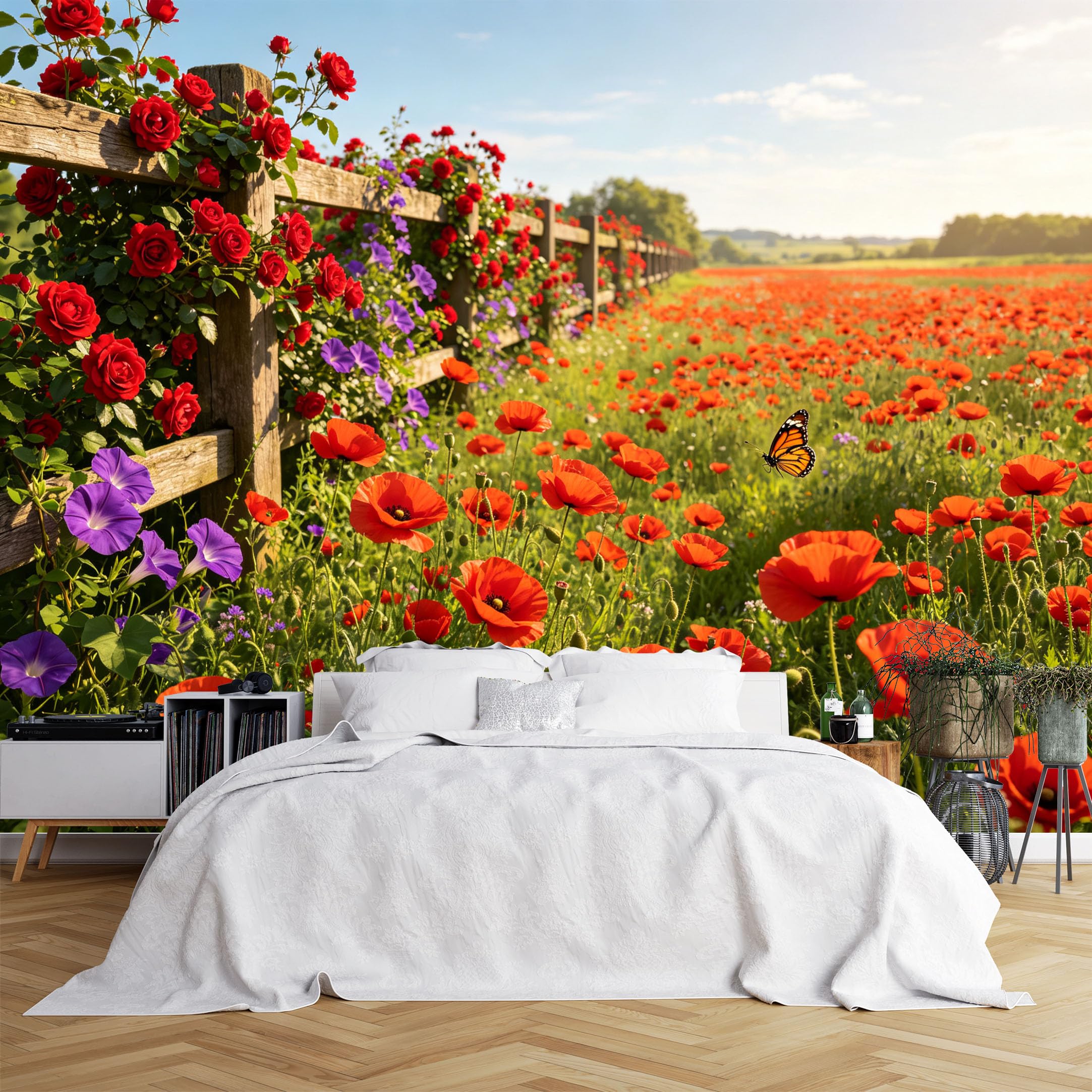 Lcythiazole Ch260615096 Custom Size Wall Murals Poppy Rose Fence Wildflower Field Wall Murals Vivid Garden Landscape Wallpaper Full Wall Self-Adhesive Removable Wallpaper For Sunroom Bedroom