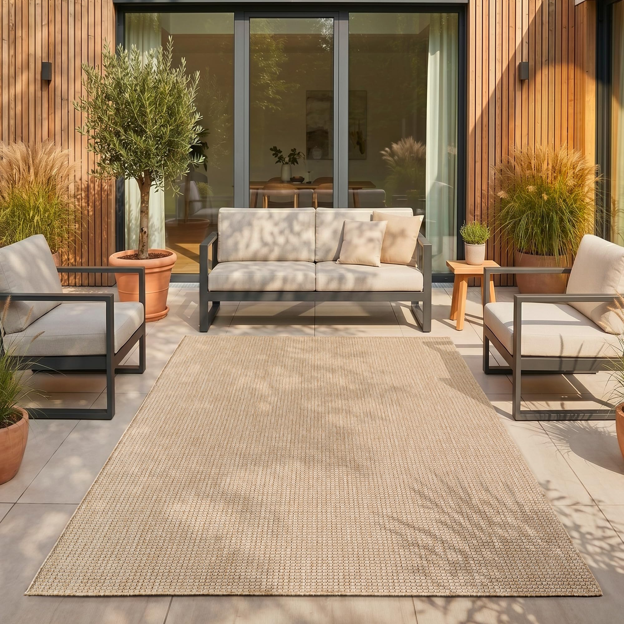 SIMPEX Outdoor Teppich Beige Balkon Terrasse Garten Wetterfest UV-beständig Teppich Einfarbig Flachgewebe Pflegeleicht Robust Modern