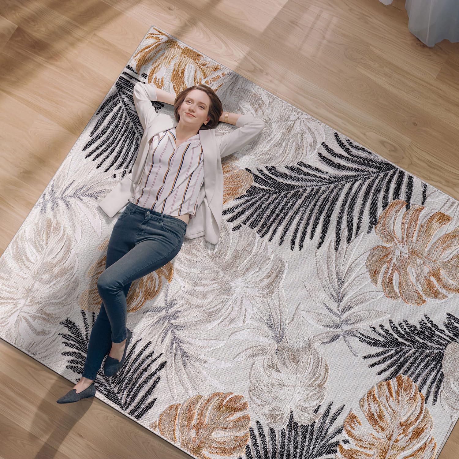 CAMILSON Indoor/Outdoor Rug, Yellow 7?ÇÖ10?Ç¥x10?ÇÖ Leaf Tropical Botanical Area Rugs for Indoor and Outdoor patios, Easy-Cleaning Non-Shedding Living Room Garden and Kitchen Washable Outside Carpet (8x10)