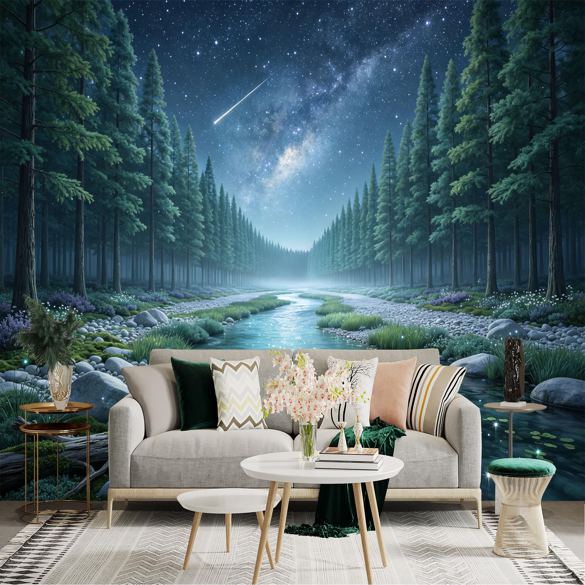 Lnzczhyre Bh260719103 Custom Size Wall Sticker Mural， Serene River Flowing Through Coniferous Forest， Milky Way Galaxy Night Sky， Glowing Sparkles， For Wall Decoration， Peelandstick Wall Decals.