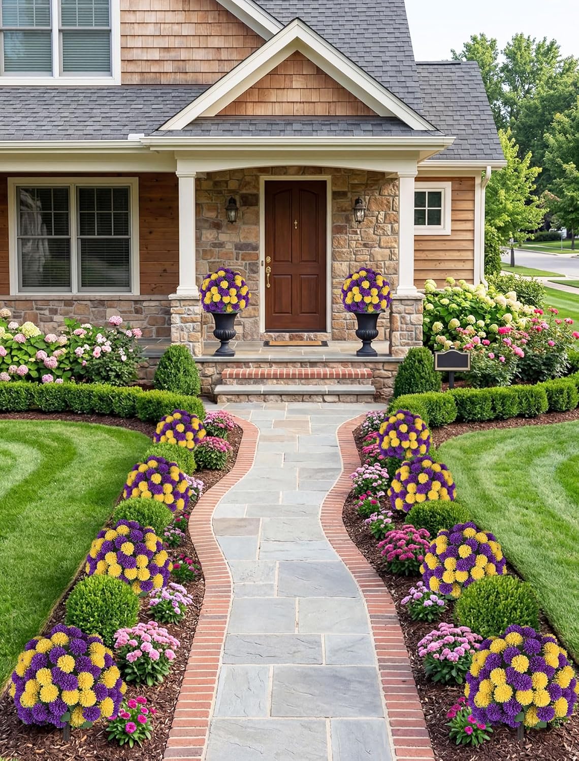 BLOSMON Fake Mums Topiary Trees - 2-Pack 33" Purple Yellow Pom Poms Flower Artificial Shrubs for Outdoors Planters - Fake Silk Floral Plants Indoor Outside Front Porch Urns Yard Entryway Decoration