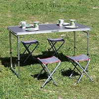 Masă pliabilă din aluminiu AKTIVE 63161 cu 4 taburete din oțel, înălțime reglabilă 60-70 cm, suprafață 120x60 cm, gri, pentru camping 4