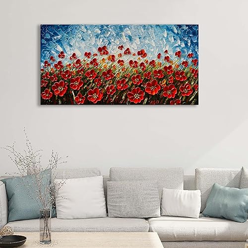 Miniatura 6 de Epicler art Pintura al óleo de flores rojas pintadas a mano de 24 x 48 pulgadas, lienzo contemporáneo, arte de pared, obras de arte de pared, sala