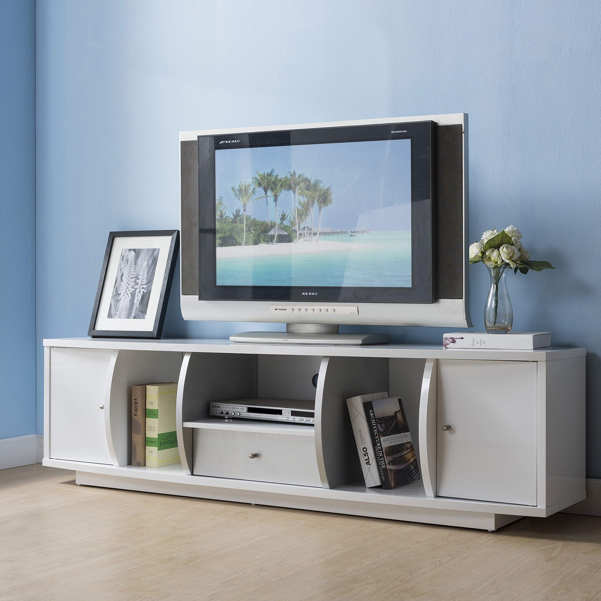 Contemporary 72-inch Sliver Tv Stand Silver White Modern Transitional MDF Particle Board Glossy Wood