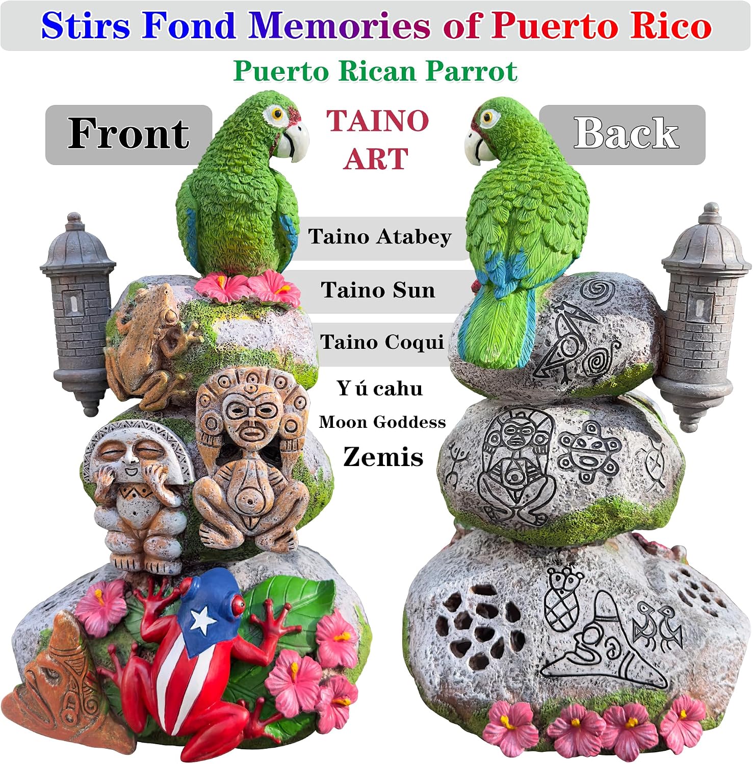 Limited Edition Puerto Rico Souvenirs, Puerto Rican Souvenir with Coqui Sound, Boricua Themed Taíno Zemis Atabey, Yúcahu, Moon Goddess, Puerto Rican Parrot & Old San Juan Garita Morr Taino Art