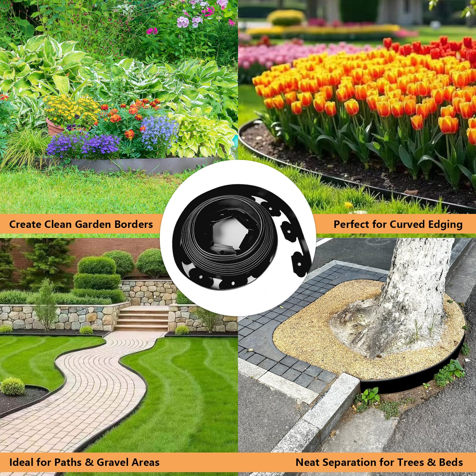 Bordo per Aiuole da Giardino 10 m con 60 Picchetti – Bordura per Prato in Plastica Flessibile, Altezza 5 cm – Separatore per Aiuole e Vialetti, Nero