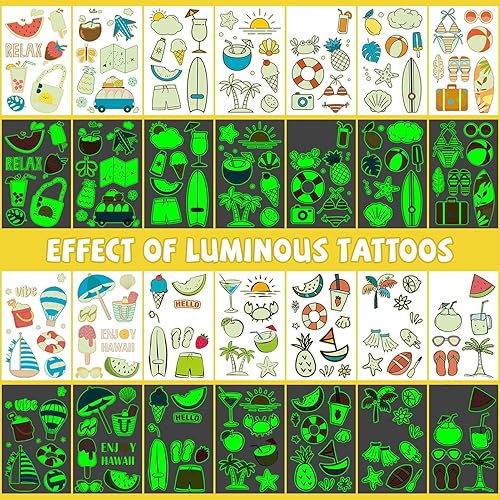 Miniatura 4 de EMOME Más de 650 estilos de tatuajes luminosos de verano para niños, tatuajes temporales que brillan en la oscuridad para niños, hawaiano Luau