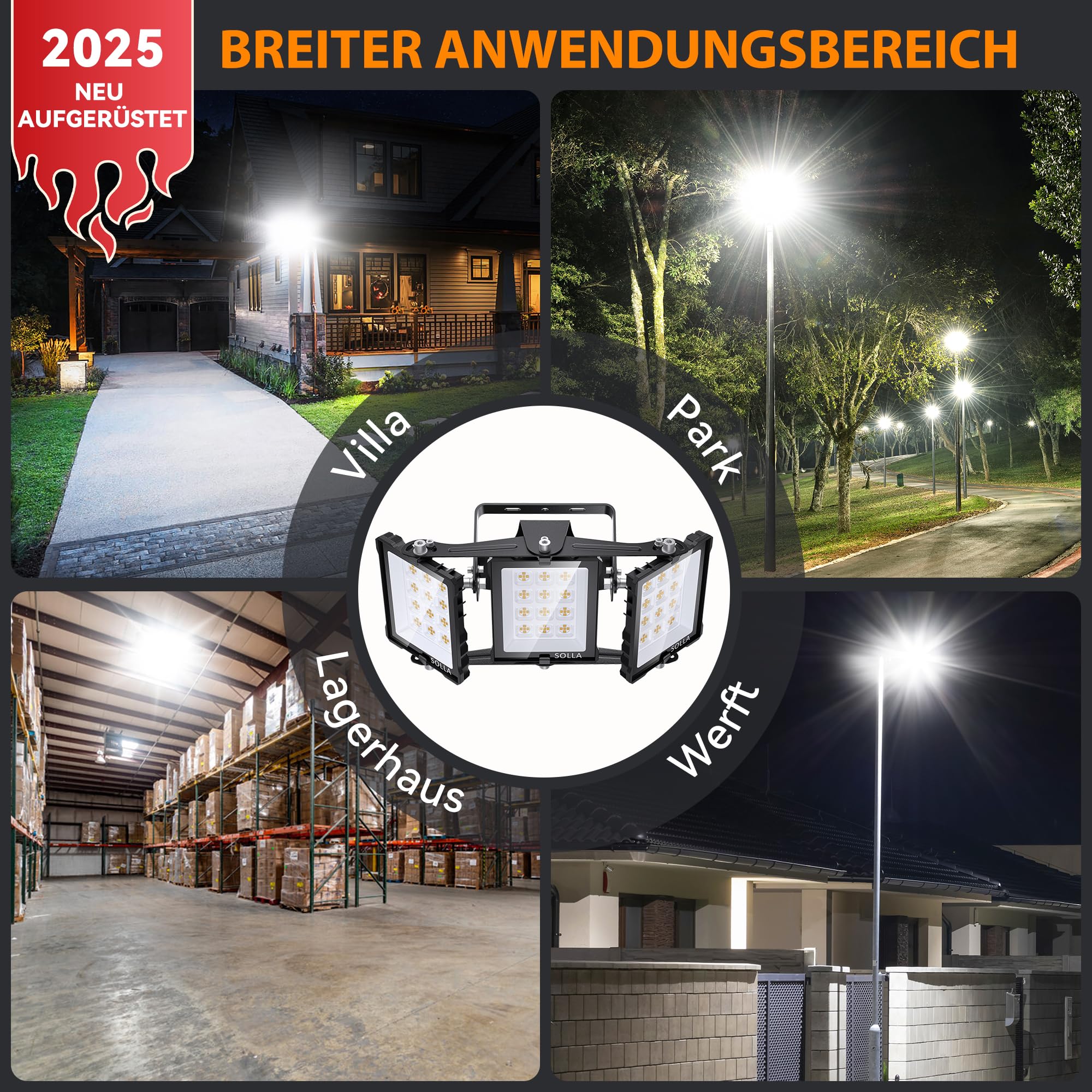 SOLLA 150W 2025 Plus NEU AUFGERÜSTET LED Außenflutlicht, 15000LM 6000K Tageslichtweiß IP66 Wasserdicht, Stadionbeleuchtung, 3 Köpfe Verstellbares Außen-Sicherheitsbeleuchtung für Höfe, Terrassen