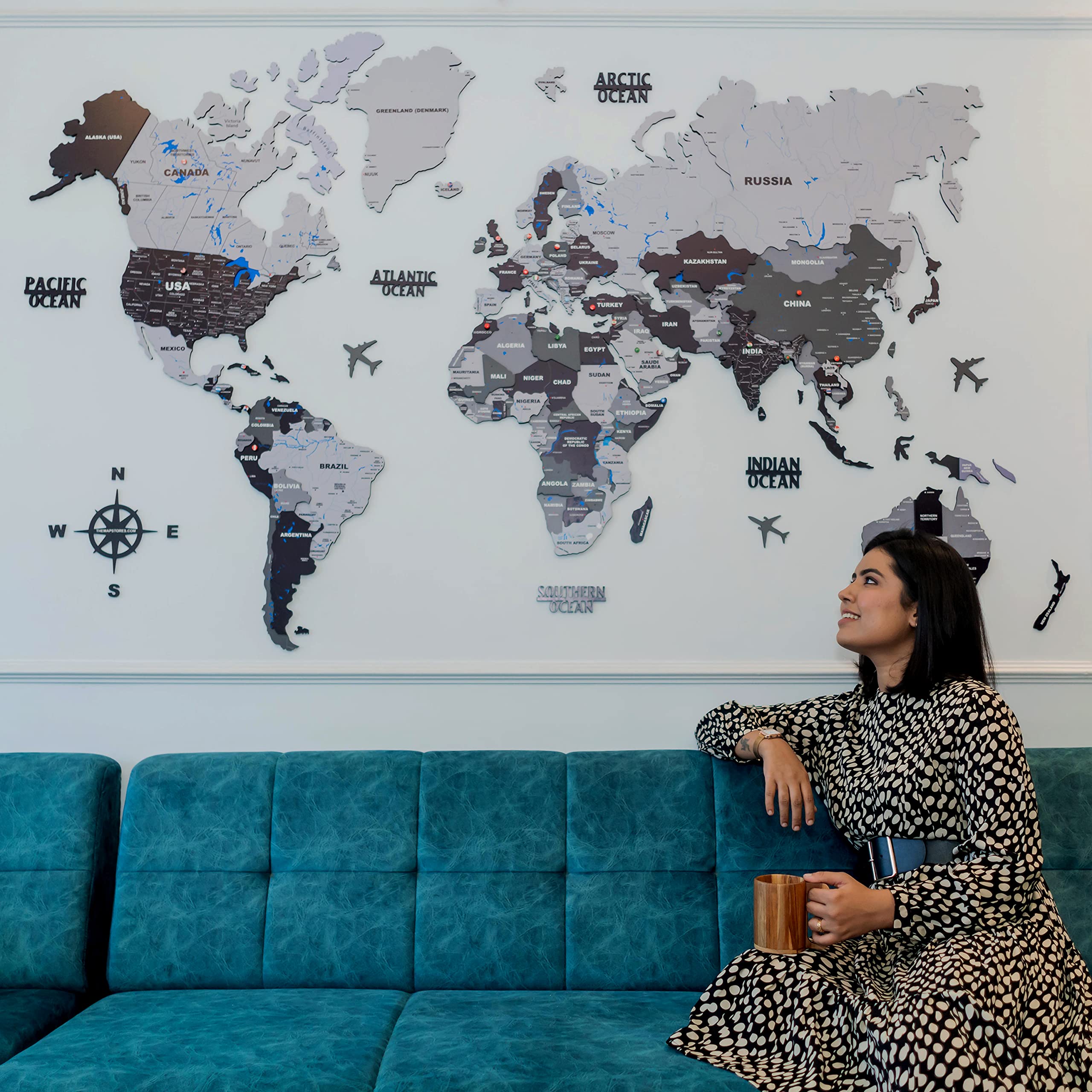 The Map Store 3D Wooden Map for Wall, Black and Grey, World Map Wall Decor, Artistic Wall Art for Office, Home and Study, 3D Wooden World Map, Multilayer (L - 60" x 40")