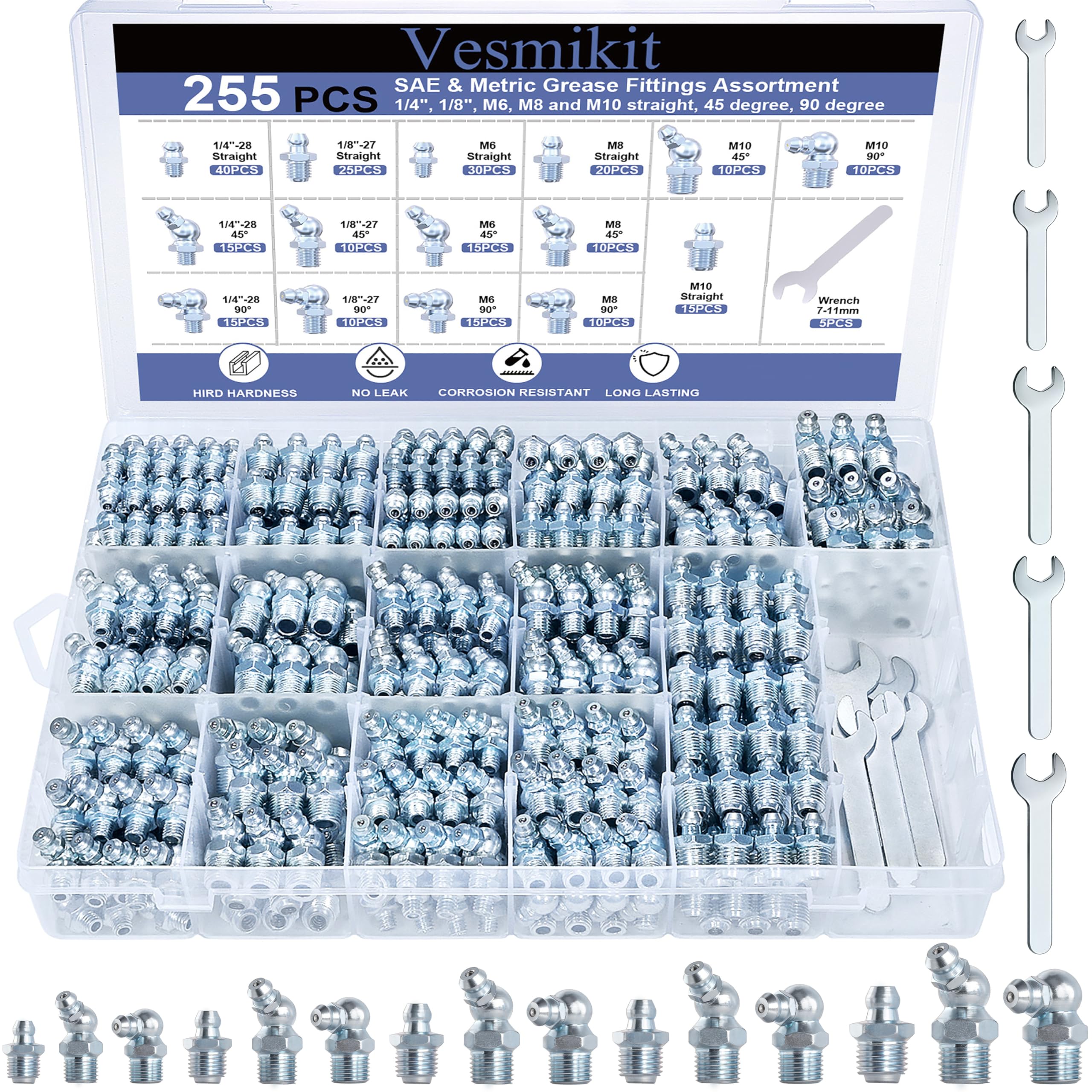Photo 1 of 255PCS Grease Fittings Assortment,SAE & Metric Grease Zerk Fittings 1/4" 1/8" M6 M8 M10 straight 45 90 degree with Wrench Kit(7-11mm) for Grease Gun,Fit Tractor Vehicle Excavator Trailer Equipment