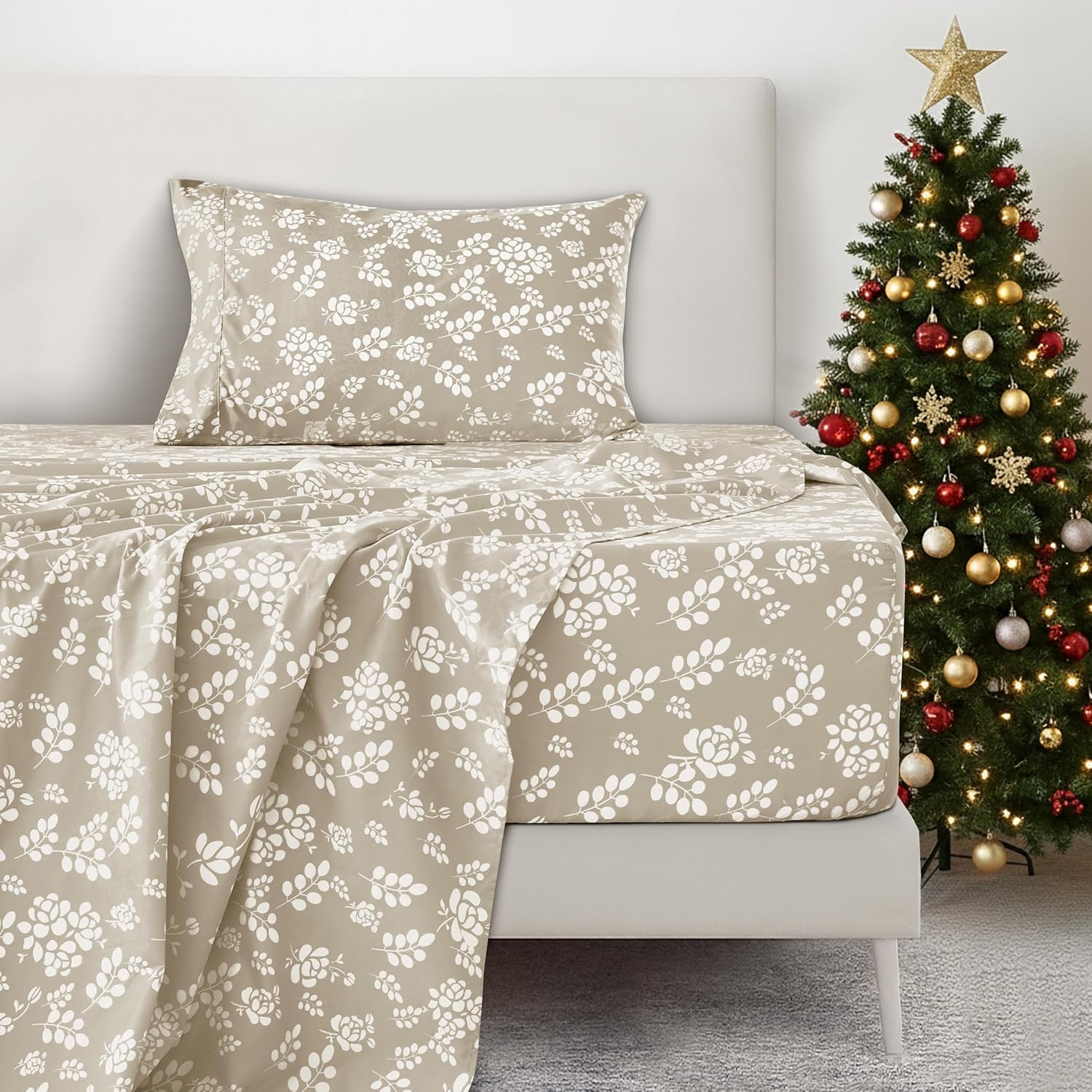 LUX Décor Floral Twin XL Sheet Set - 3 Piece Ultra-Soft Microfiber Bed Sheets with Flat Sheet, 16 Inches Deep Pocket Fitted Sheet & Pillowcases, Breathable, Bedroom Decor, Oeko-TEX - Taupe - Image 7