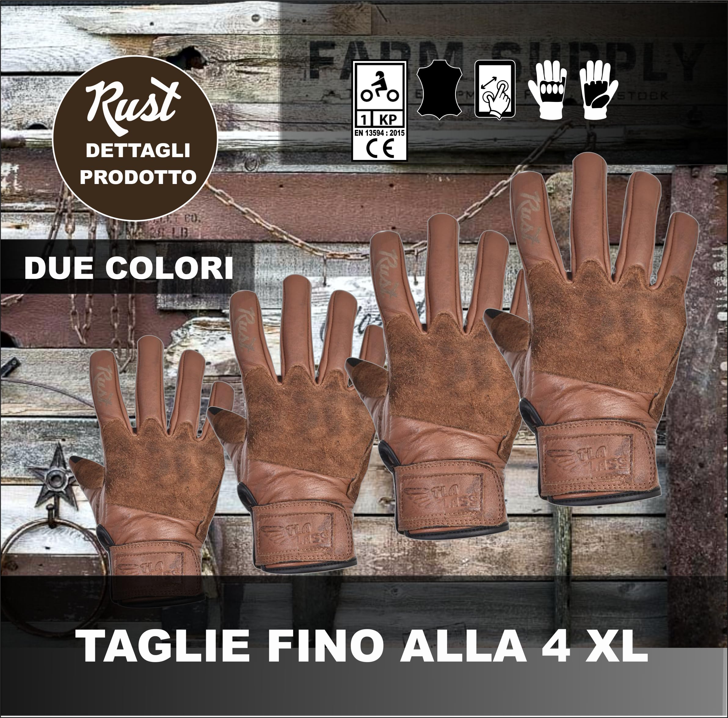 TLA RUST Guantes de moto cuero vintage, protección nudillos contra impactos, homologados CE, 2XS a 4XL hombre, mujer, guantes cafè racer, custom, scooter, quad, pantalla táctil,entretiempo(Nero,XXXXL)