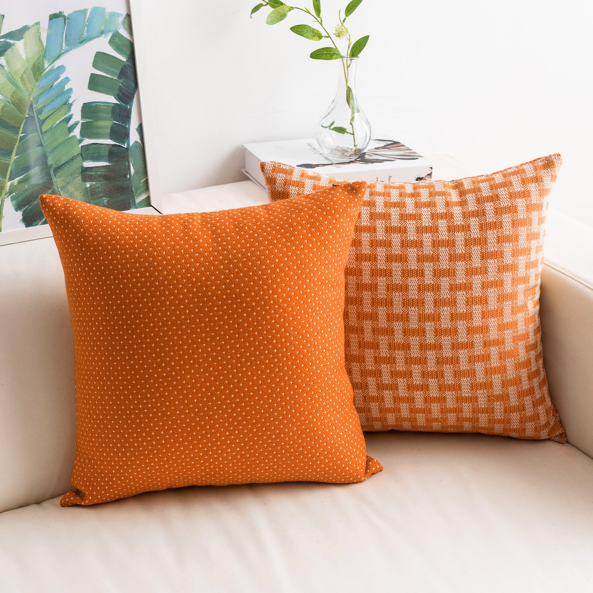 Fundas de cojín cuadradas 45x45 juego de 2 textiles de lino suave color naranja crema para cama