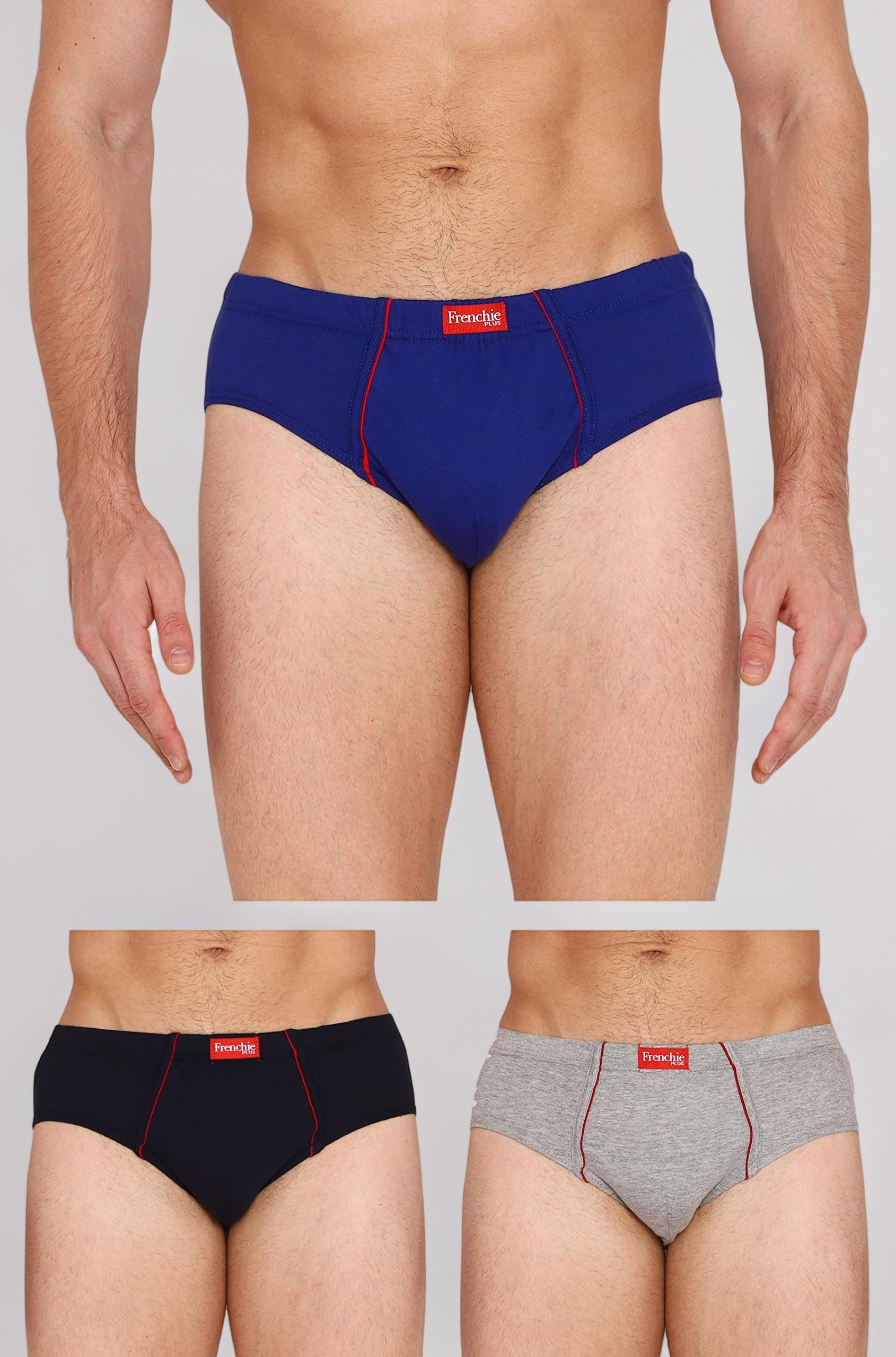 Frenchie Plus Menโs Cotton Briefs (Pack of 3) โ Ultra-Soft, Breathable Underwear with Stretch Waistband & All-Day Comfort Fit