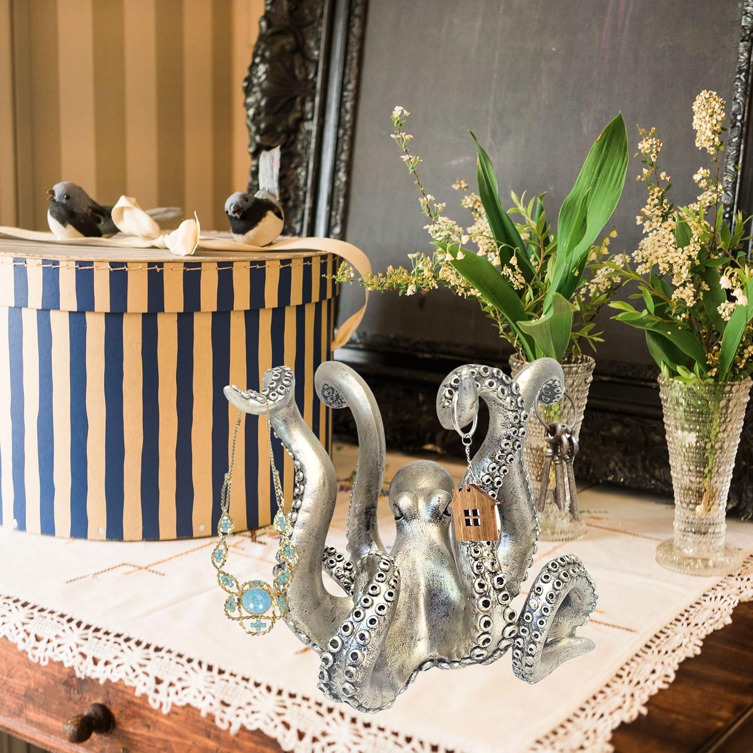 BestGiftEver Vintage Style Octopus Coffee Mug Tea Cup Holder in Silver Tones - Kitchen Dining Bar Statue Accessory | Octopus Coffee Mug Holder Stand for Countertop | Decorative Table Topper