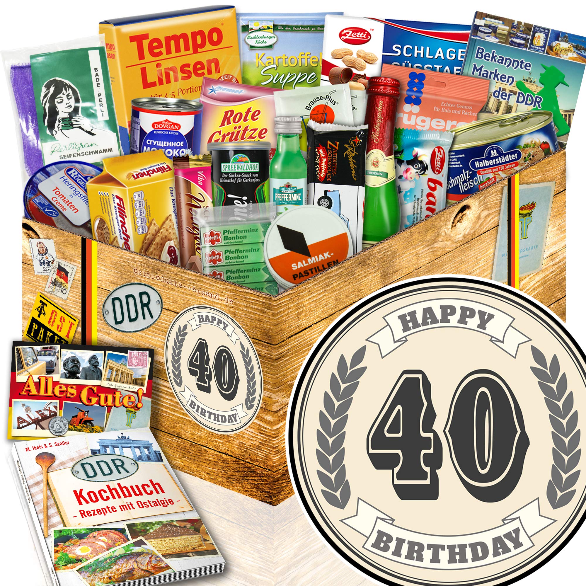 Ostalgie 40. Geburtstag Geschenkset - DDR Spezialitäten Box mit Kochbuch | Präsentkorb mit 18 Ostprodukten wie Rotkäppchen Sekt & Zetti, inkl. DDR Rezeptheft A6, ideal für Männer und Frauen