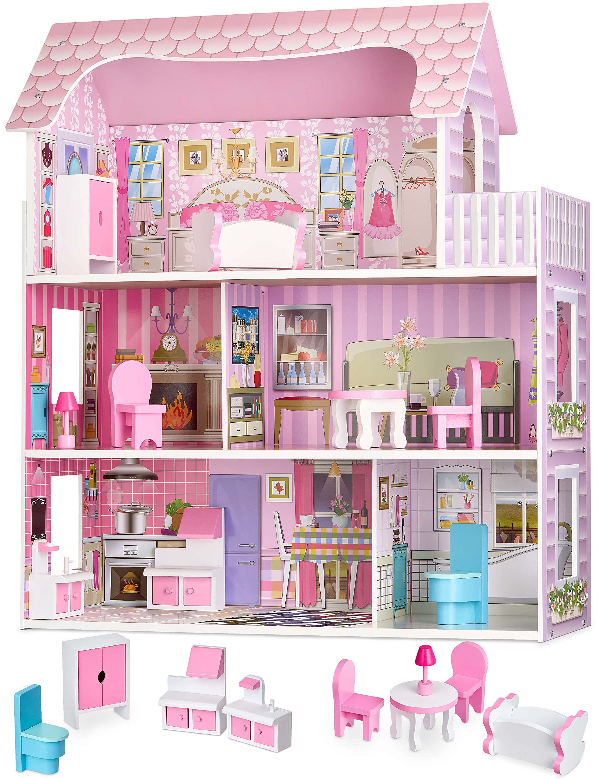 Balinco PUPPENHAUS Holz, 3 Plantas, 5 Habitaciones compuestas de salón & Dormitorio, balcón, Cocina, baño & Aseo. Incl. Muebles en Miniatura, Juguete de Madera a Partir de 3 años