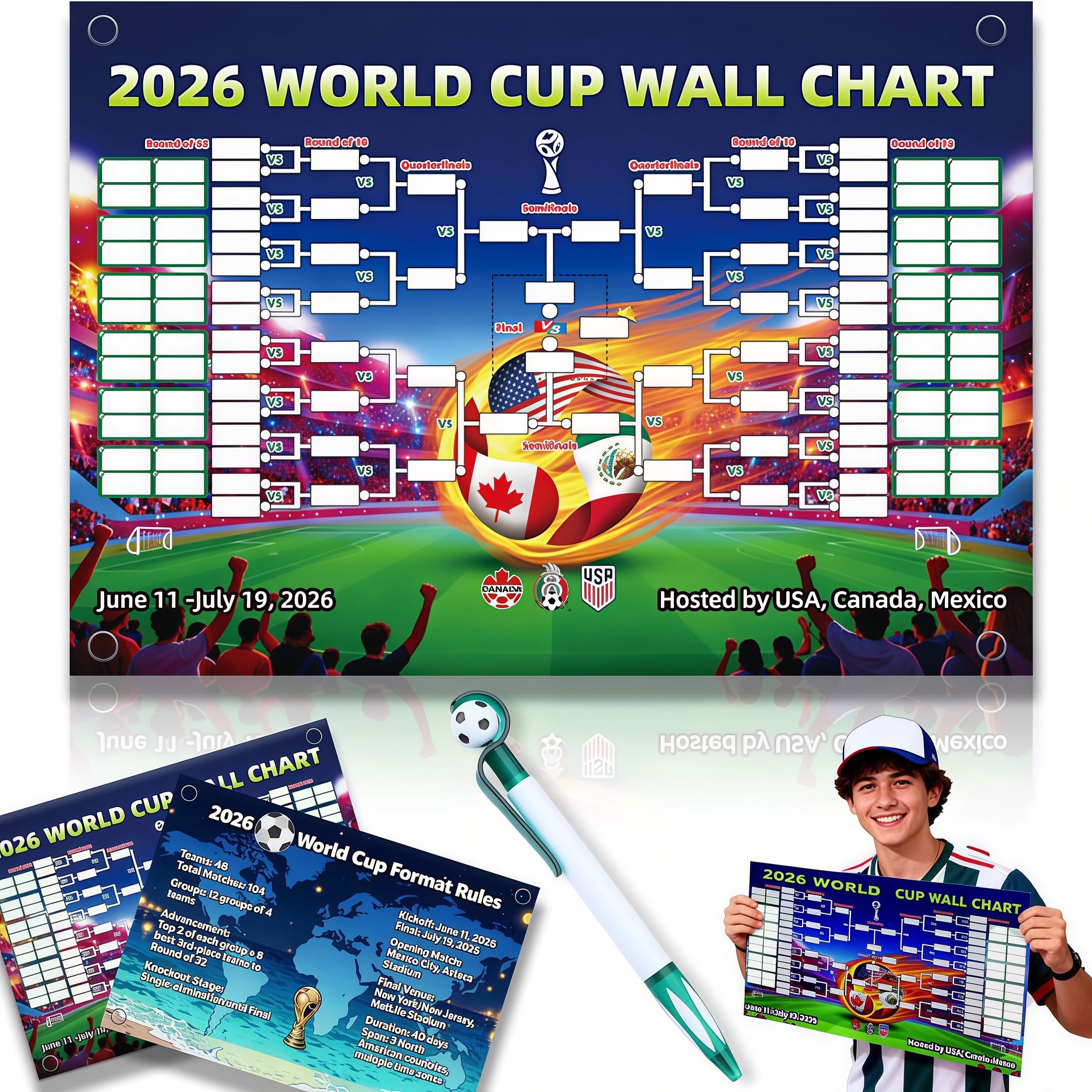 Eduplayte Colorful World Cup Football 2026 48-Team Tournament Fixtures Folded Poster Handwritten Watercolour Pen, 120X60 Cm Football Tournament Schedule And Team Info Chart Poster Gifts For Soccer Fans