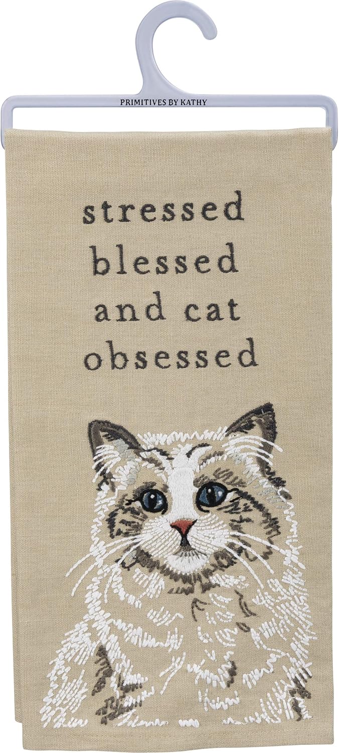Primitives by Kathy Stessed Blessed and Cat Obsessed Dish Towel
