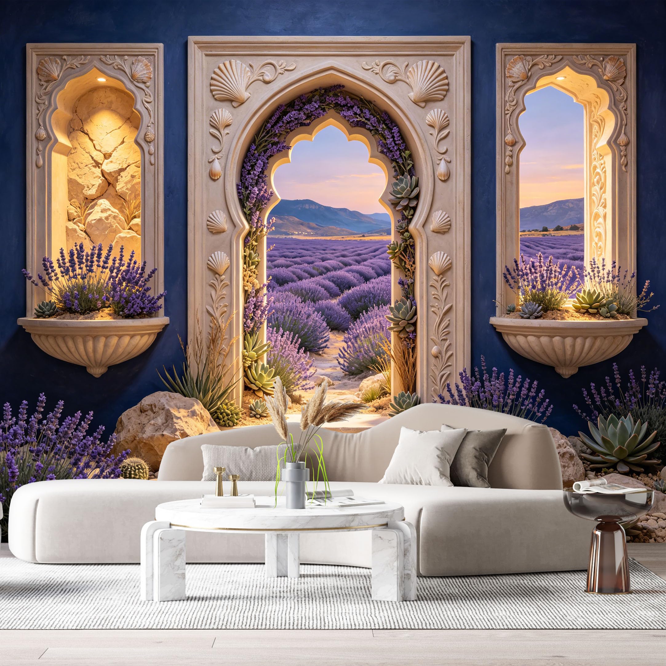 Custom Size Wall Murals Lavender Field Mediterranean Arch 3D Trompe L'Oeil SelfAdhesiveWall Fabric Removable Wallpaper Wall Decor for Living Room Bedroom Bathroom