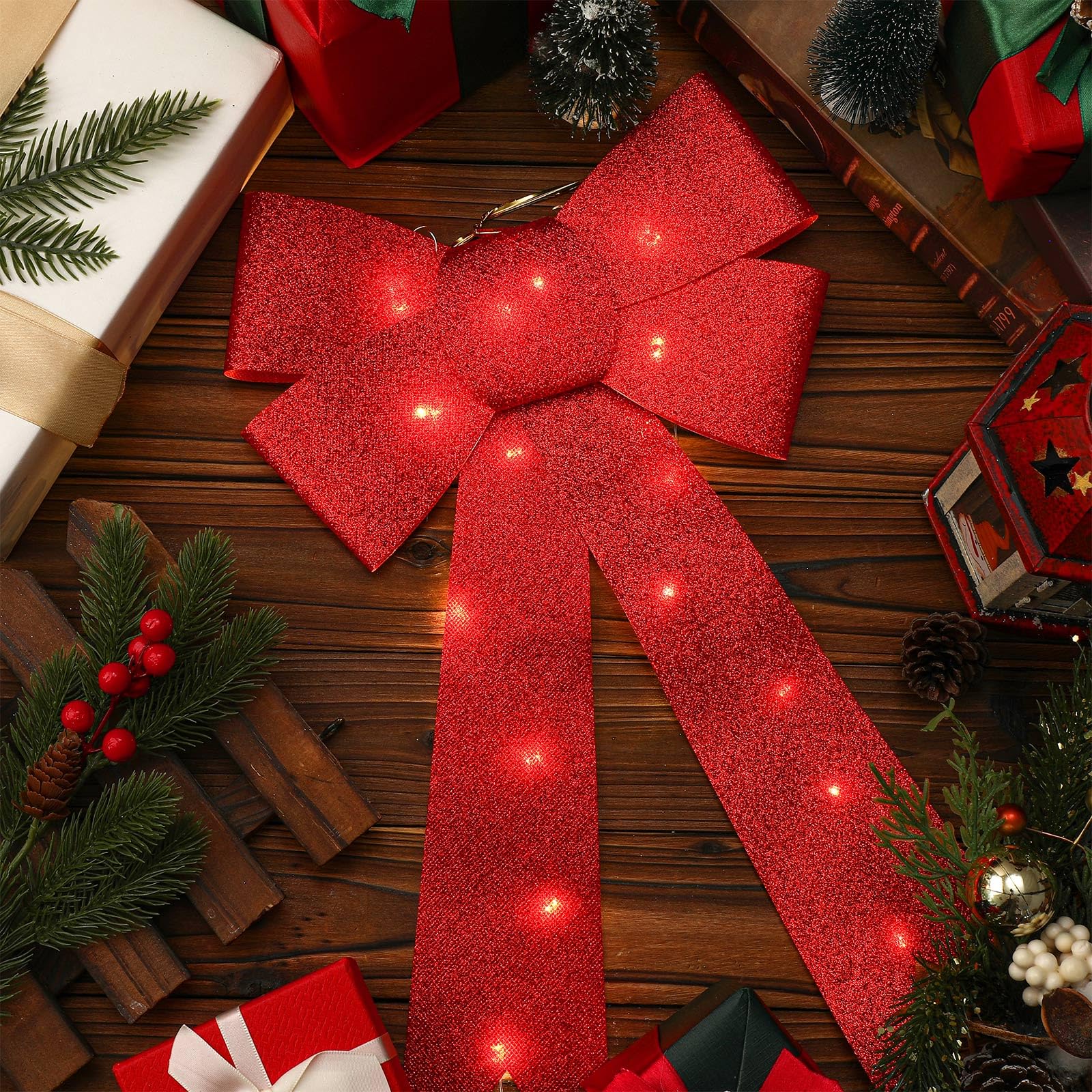 Liliful 3 fiocchi illuminati a LED per ghirlande natalizie, 45 x 25 cm, grandi, glitterati, decorazione per albero di Natale, decorazione per casa, interni ed esterni, feste (rosso)