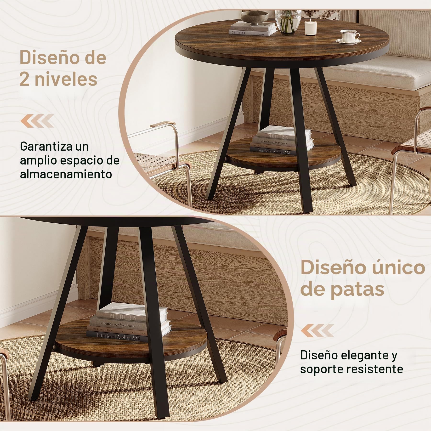 Tribesigns Mesa de Comedor Industrial Redonda de Dos Niveles, Mesa de Comedor pequeña para Cocina para 2-4 Personas, Mueble de Cocina de Madera de 90 cm con Patas metálicas Resistentes, marrón