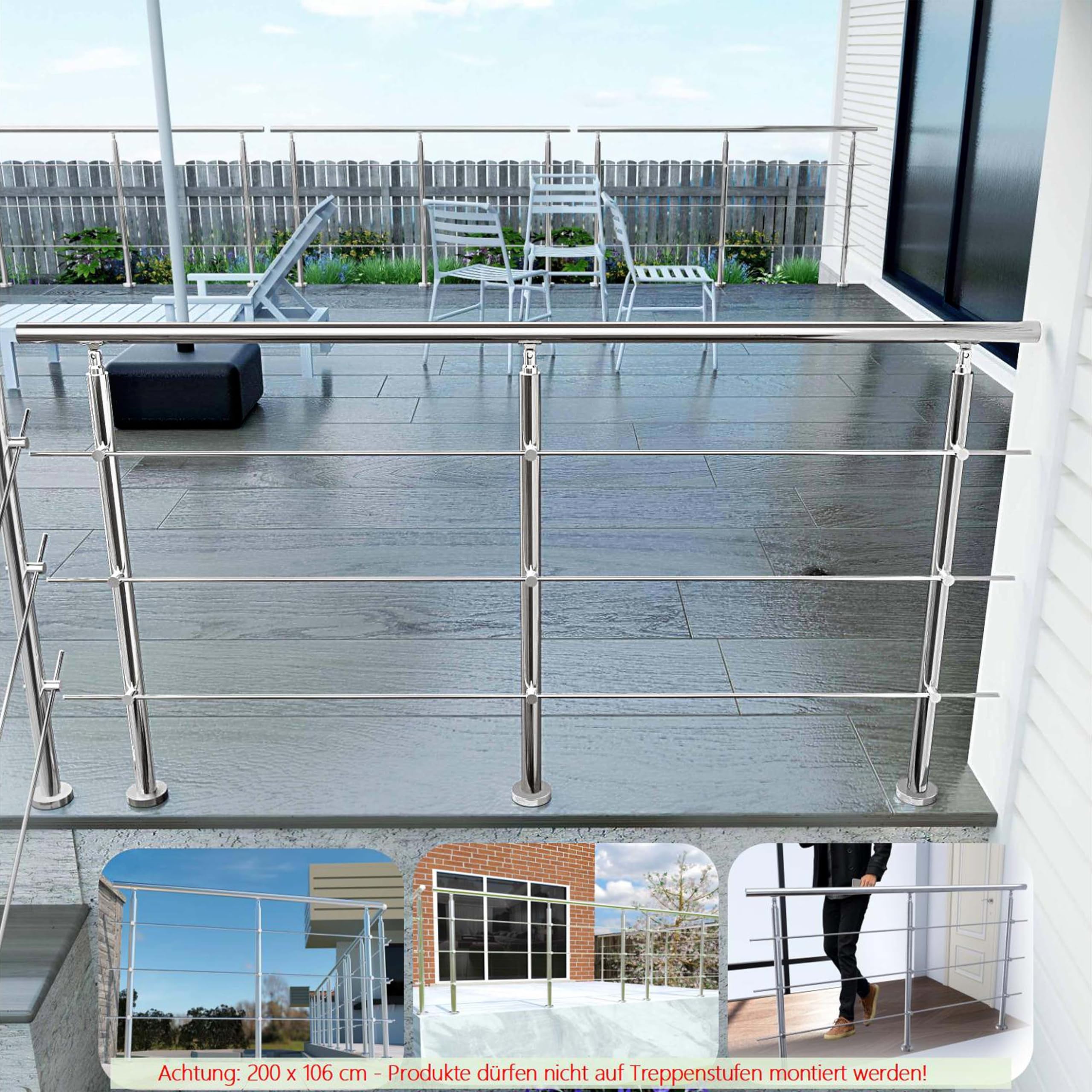 Aica Edelstahl Geländer Aussen Handlauf Treppengeländer 200cm 3 Querstreben