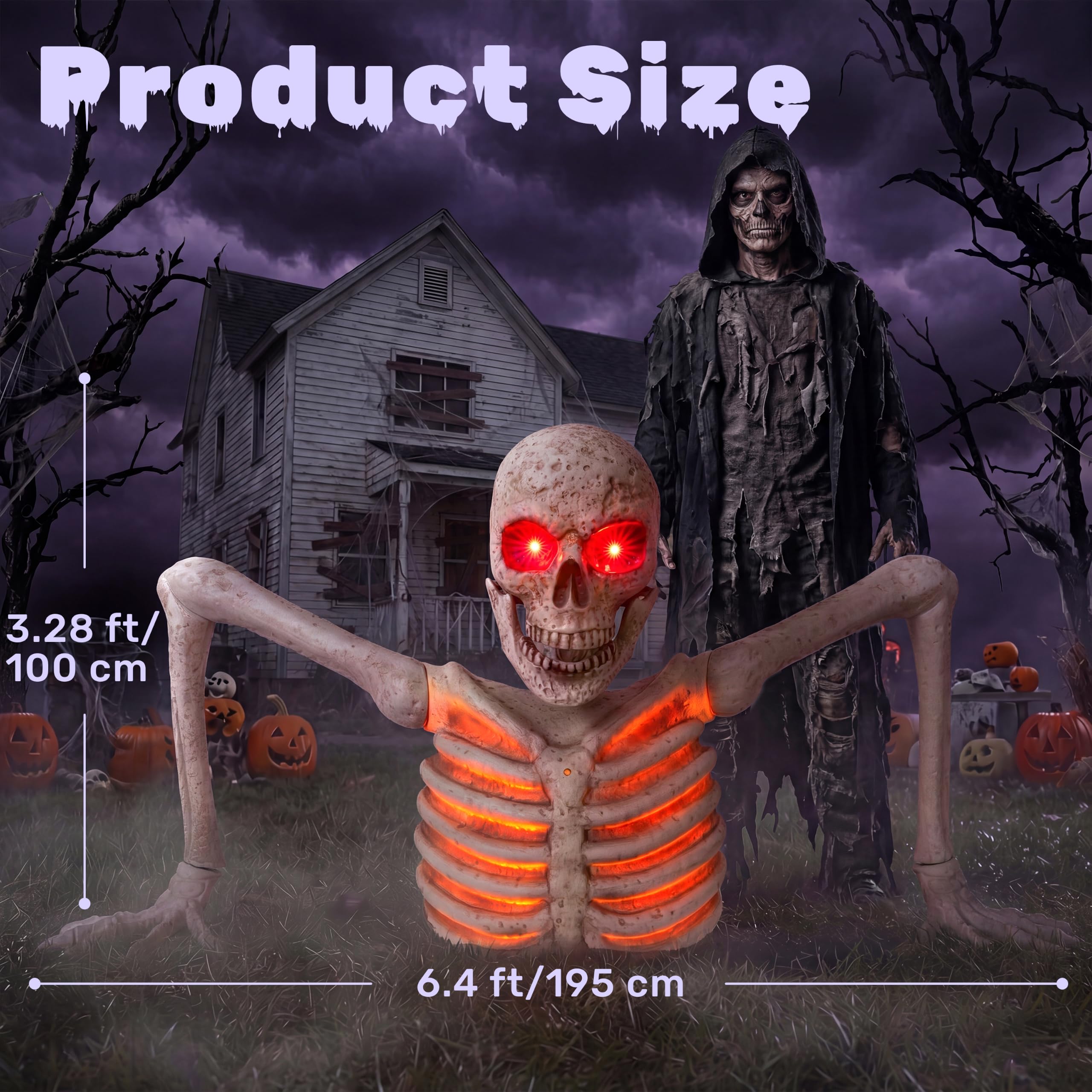 JOYIN Halloweenowe dekoracje szkieletowe, podświetlane, animowane, gigantyczne szkielety, cmentarz z czujnikiem podczerwieni, przerażający dźwięk, straszna dekoracja na zewnątrz, Halloween, do