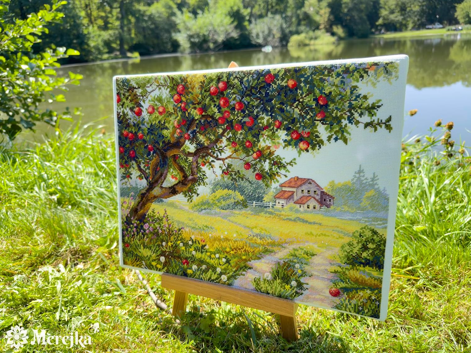 Merejka K-255 The Old Apple Tree Counted Cross Stitch Kit — 11.6 x 15.2 in (29.5 x 38.5 cm), 36 Colors, DMC Floss, Zweigart Aida 16 ct Ice Blue Canvas