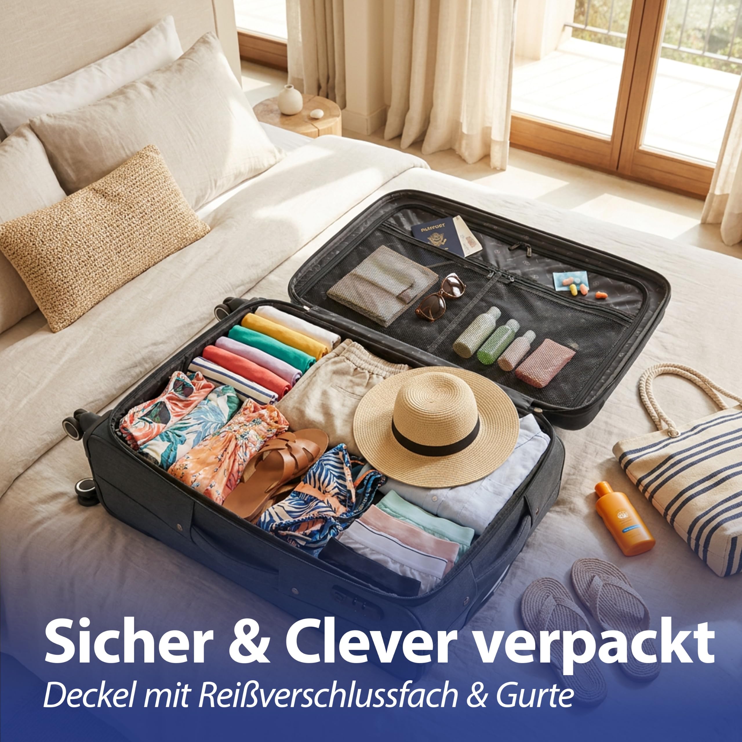 Cepewa Kofferset 3er Set aus Stoff | schwarz 3 Größen Nylon | Teleskopstange Doppelrolle Zahlenschloss | Weichschalenkoffer Softkoffer aus Kunstfaser mit Reisverschluss (schwarz)