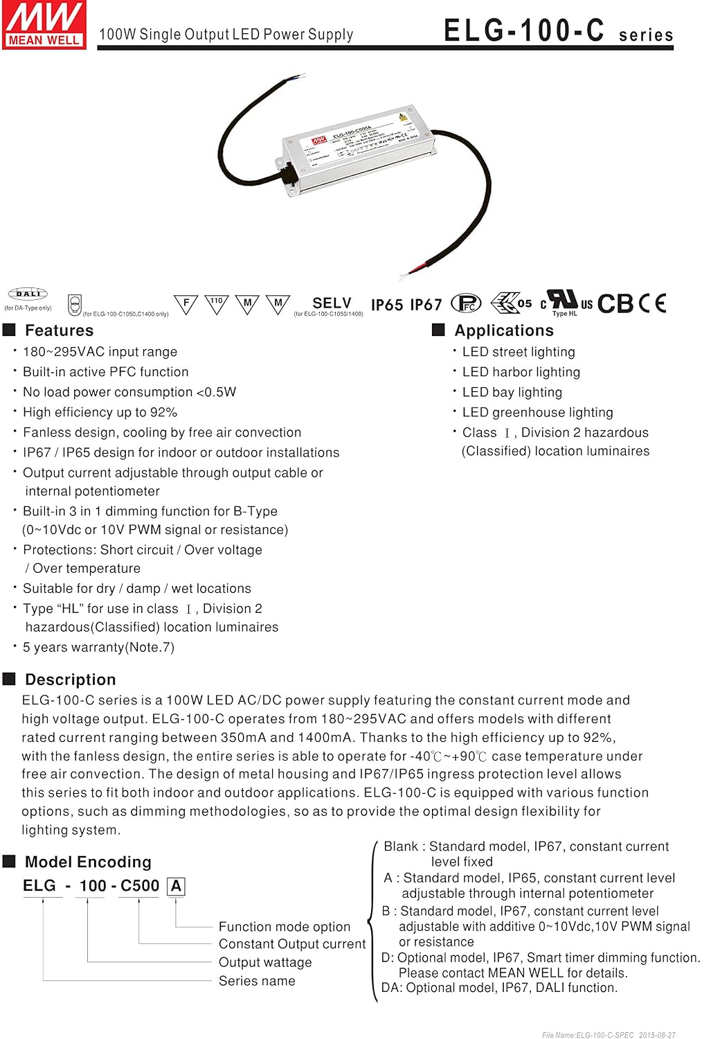 [PowerNex] Mean Well ELG-100-C1050B LED power supplies LED Driver Water & Dust-proof