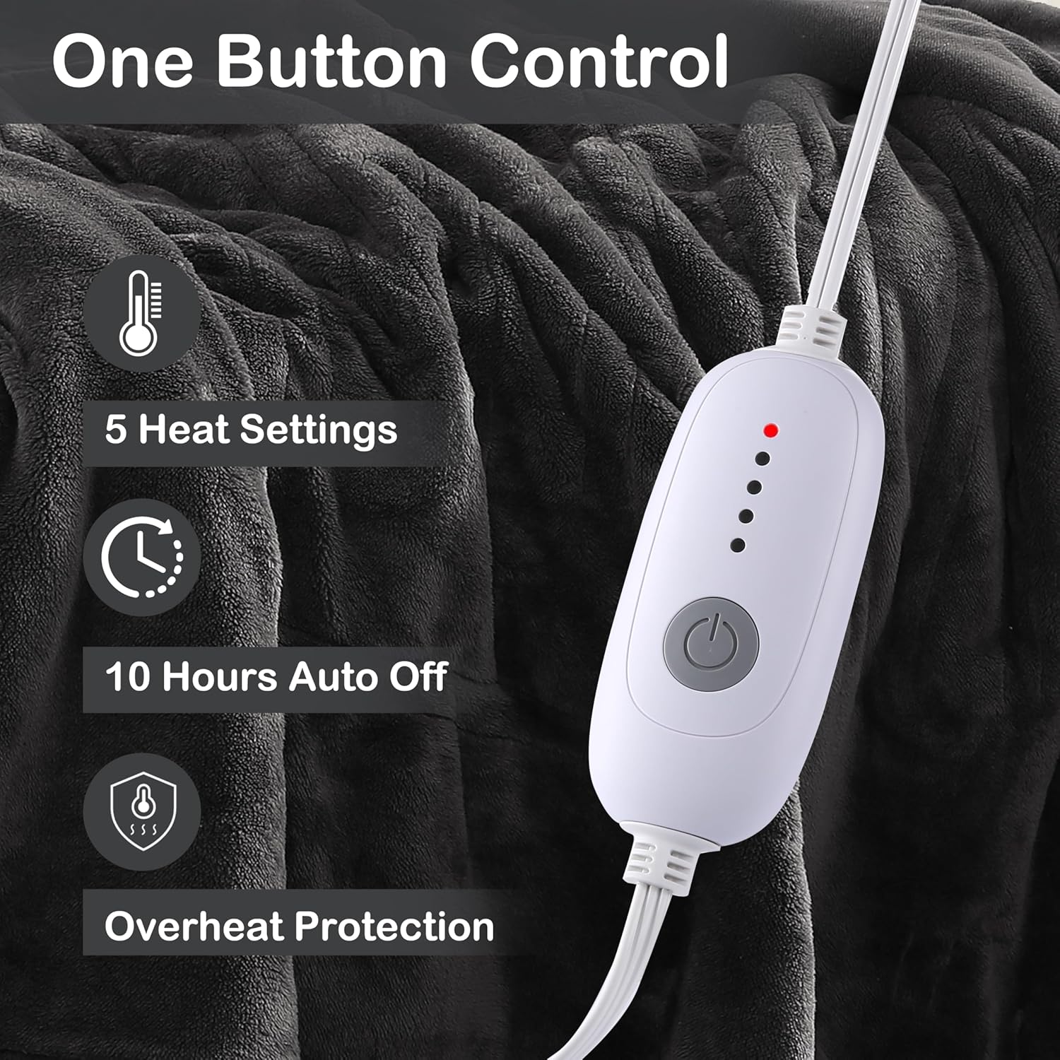 Electric Heated Blanket Full Size 72"x84",Fast Heating Throw, Soft Plush Microplush for Bed & Couch, 10 Hours Auto Off & 5 Heating Levels, Machine Washable, Gifts for Grandma & Family-Dark Gray - Image 4