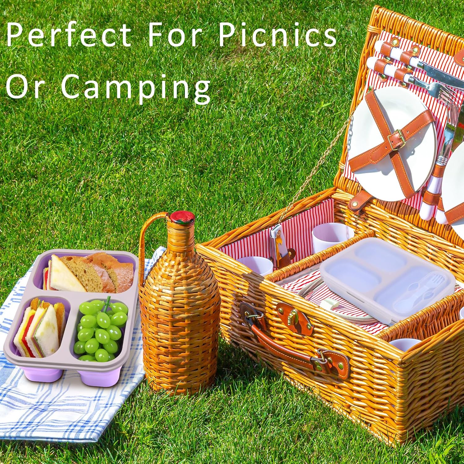 Large Collapsible Silicone Bento Lunch Box, 2 Pack with 3 Compartments Each,45.6oz Food Storage Containers with Spoons Forks, Portable for Work, Picnic, Travel, BPA Free（Blue+ Purple）
