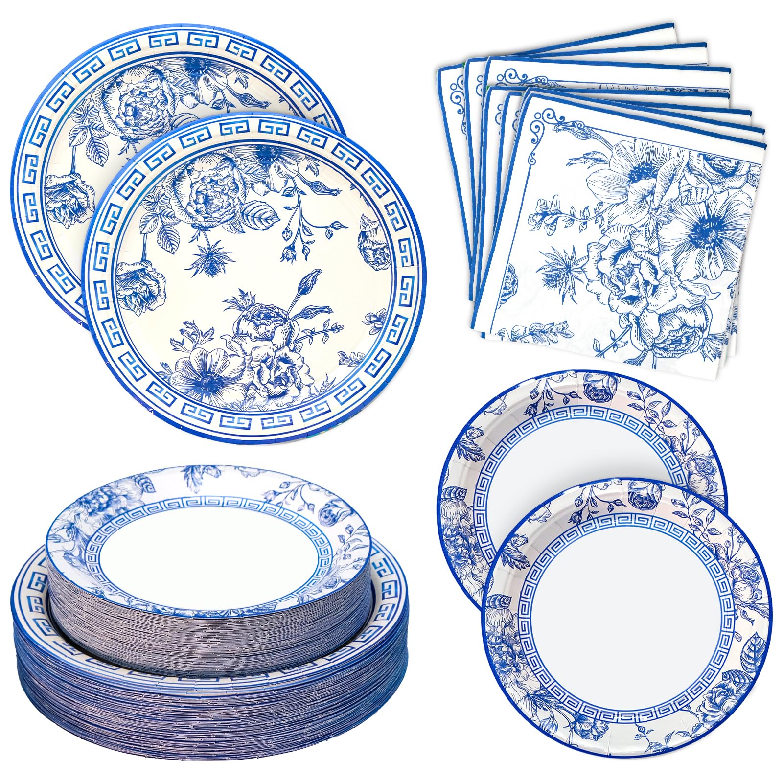180PCS Blue White Floral Party Supplies Serve 60, Blue Flower Paper Plates and Napkins Kit for Bridal Baby Shower Wedding Tea Party Decorations,