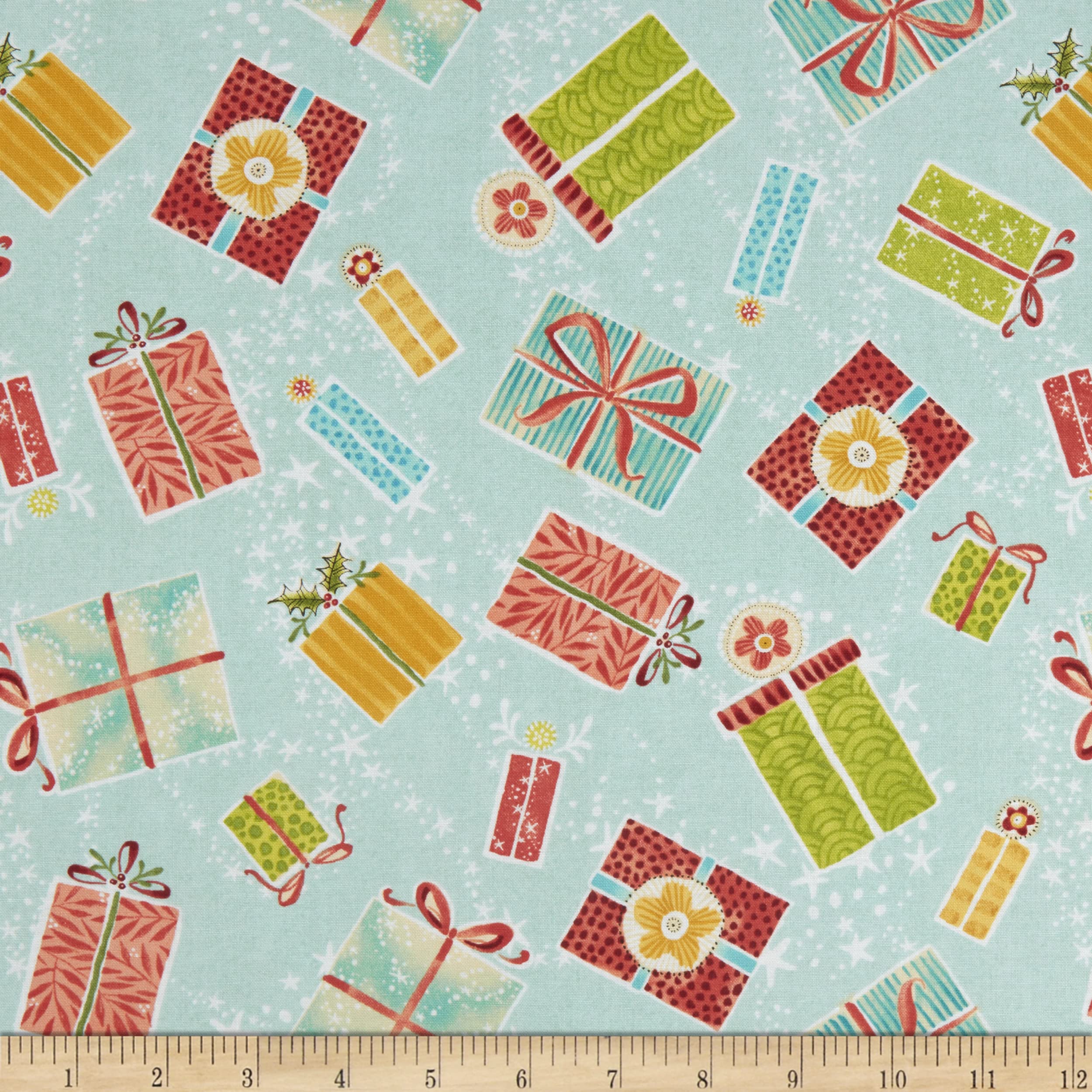 FreeSpirit Oh Christmas Tree All Wrapped Up Aqua, Fabric by The Yard