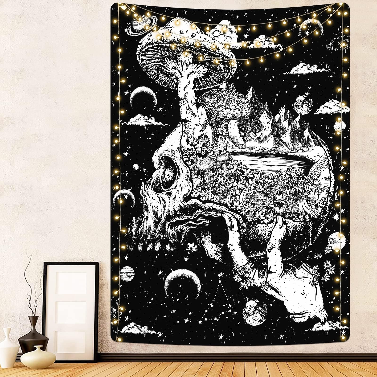 Uspring Skull Mushroom Tapestry Moon and Stars Tapestry Skeleton Mountain Tapestry Black and White Tapestry Nature Landscape Tapestry Wall Hanging for Room (51.2 × 59.1 inches)