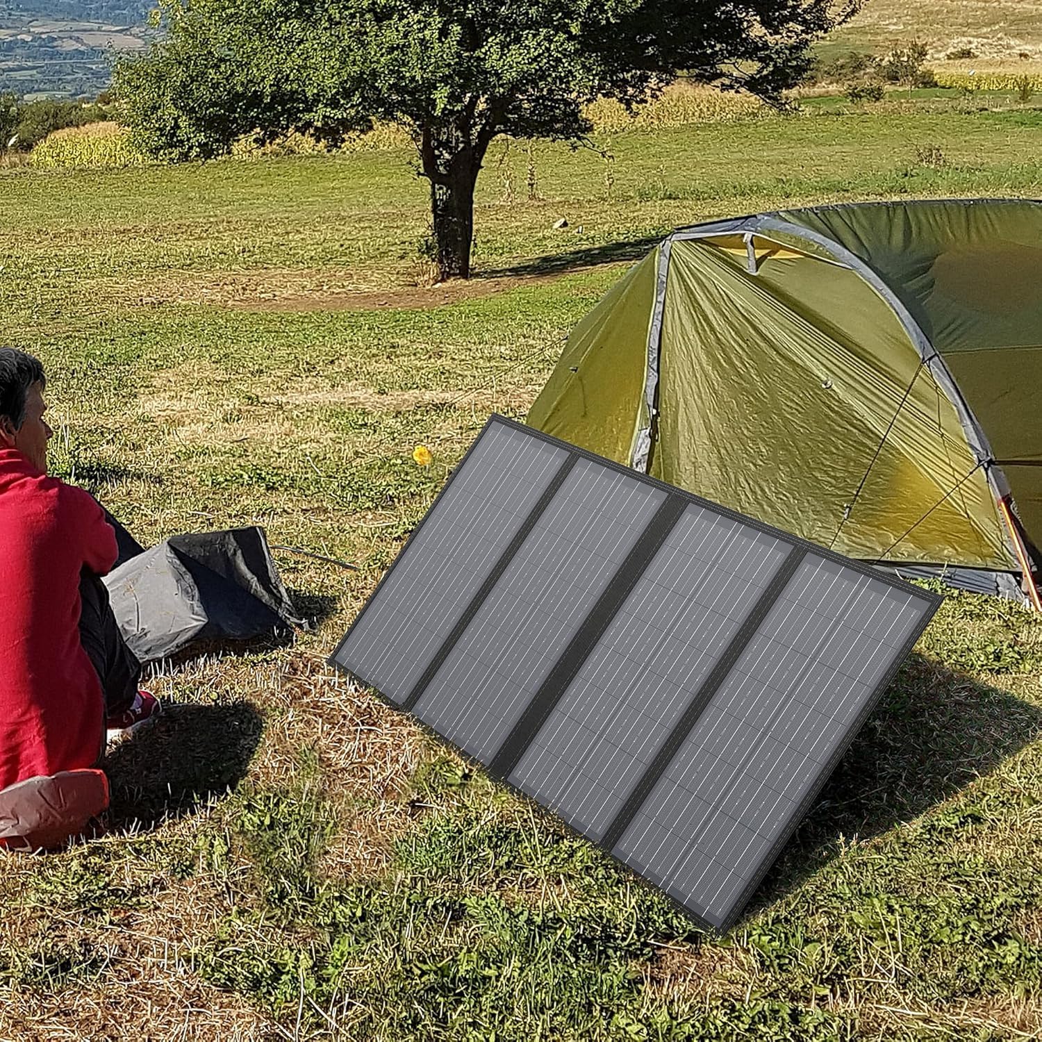 powkey 60W 18V Panel Solar Portátil con USB C, Doble USB QC3.0, Salida de DC, Panel Solar Monocristalino Impermeable y Plegable, para la Mayoría de Generador Solares, Camping, Móvil y Portátiles