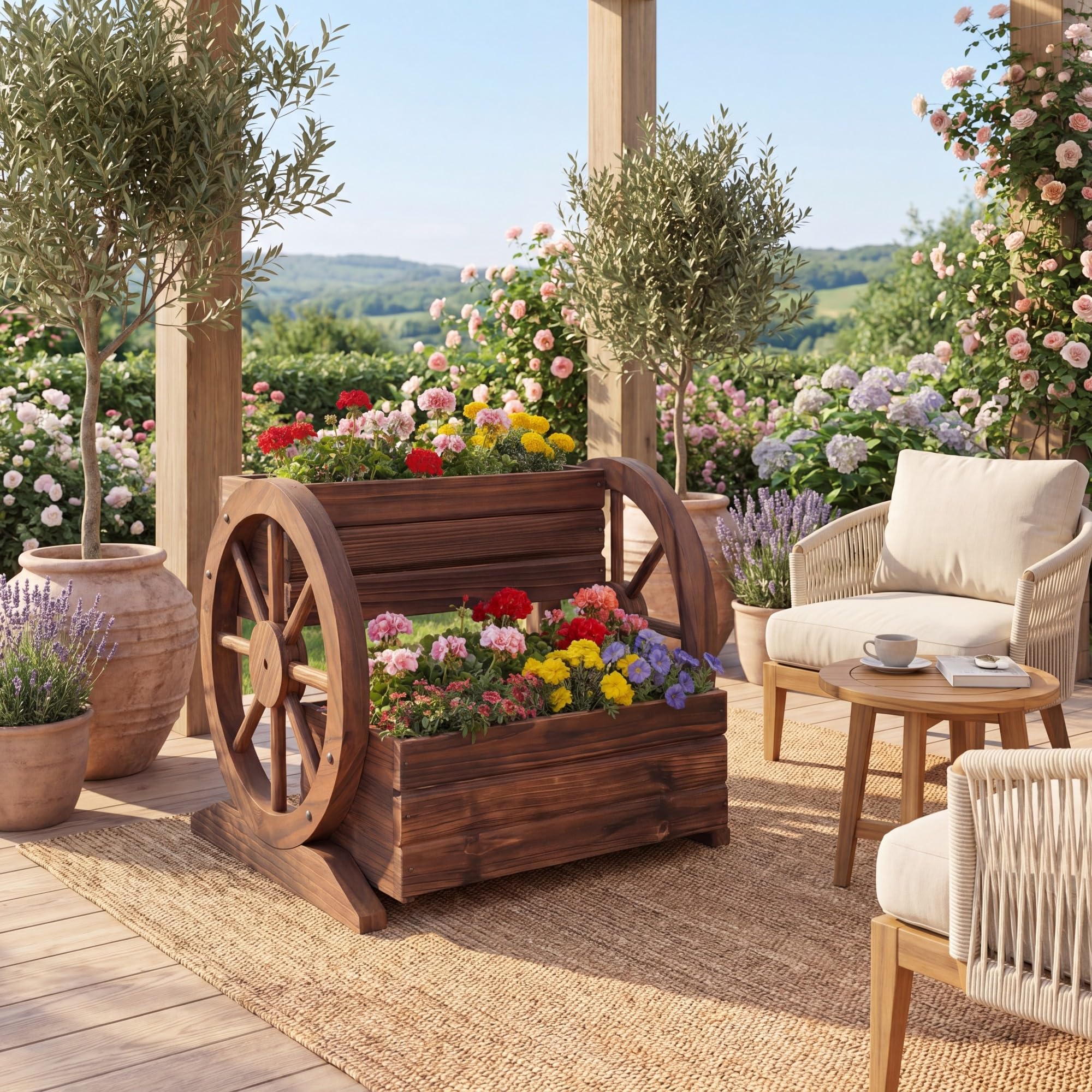 HOMASIS Carriola da Giardino in Legno, Fioriera con Ruote e Vaso da Fiori, Orto Rialzato da Giardino con Fori di Drenaggio e Guanti, Carrello Decorazione da Balcone (Marrone, 46 x 44 x 35 cm)