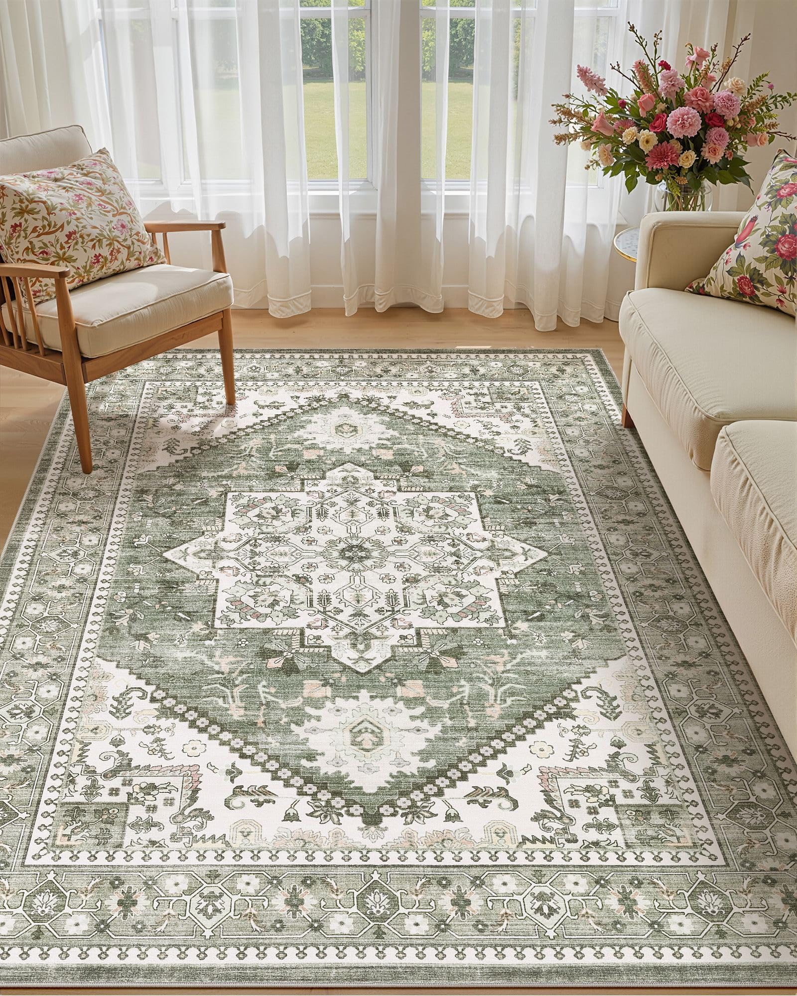Washable Area Rug-7X9 Vintage Neutral Soft Green