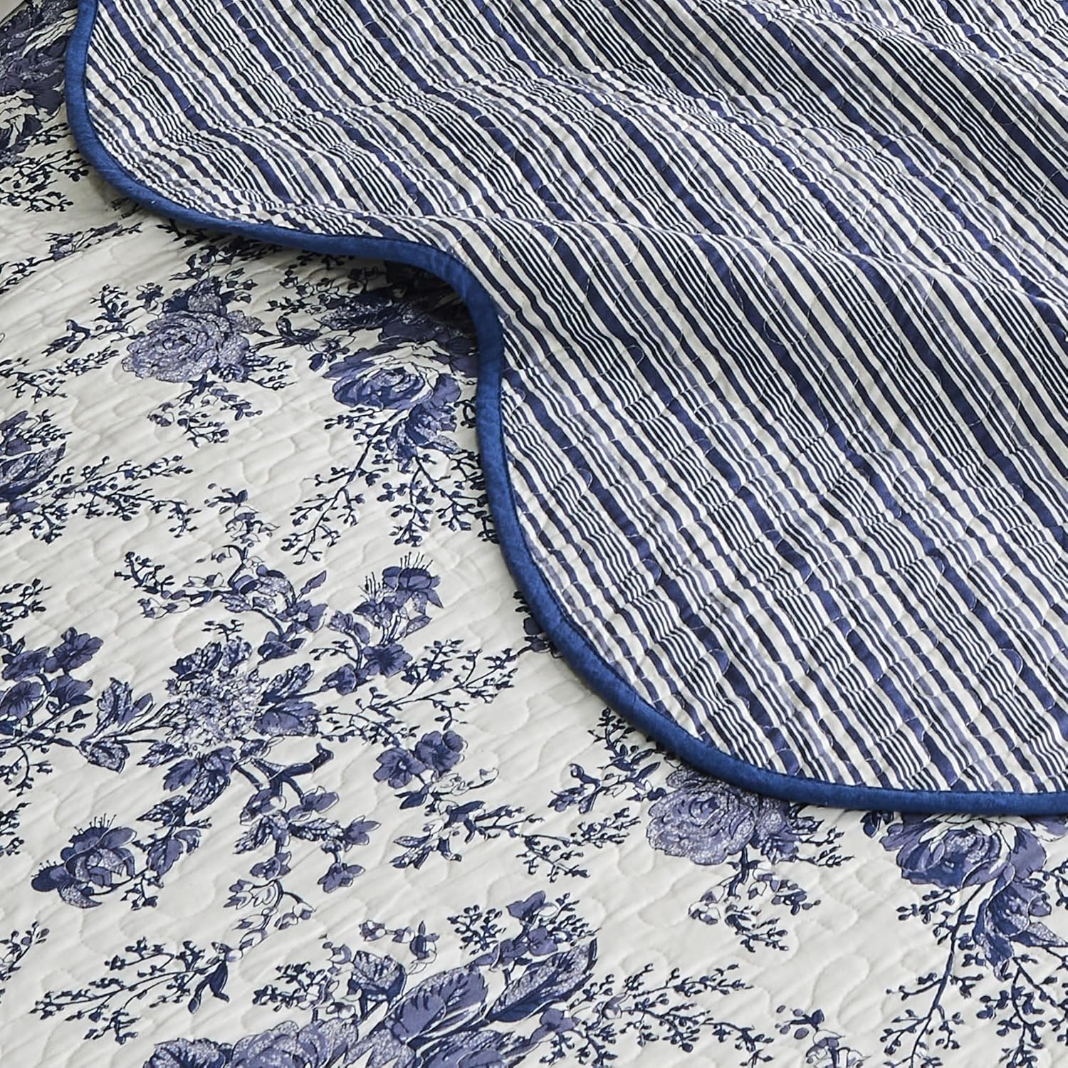 Wonderful 100% Cotton Blue Floral Quilt Set Queen Size Bedding Sets with Pillow Shams and Bed Skirt, 4 Pieces Floral Bedspread Coverlet, Quilted Blanket Bed Cover for All Season, 88"x90" - Image 8