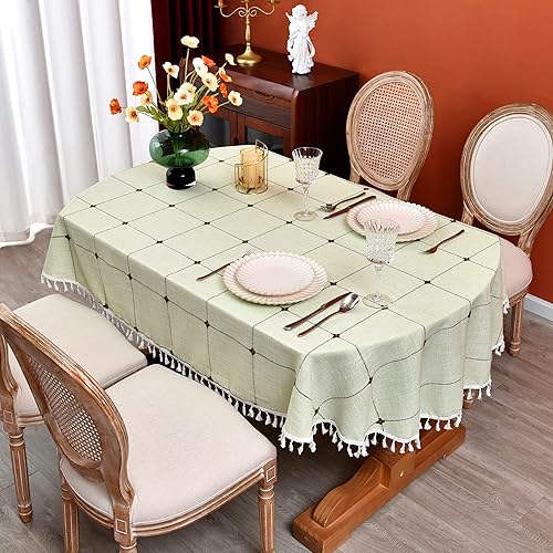 Monibana Mantel ovalado de lino y algodón a cuadros para decoración de mesa de comedor, cocina, 60 x 84 pulgadas