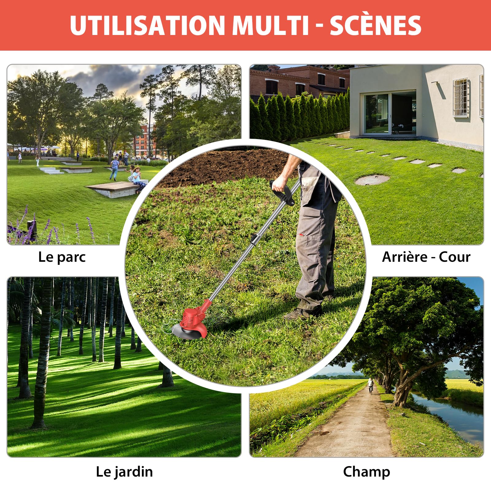 Débroussailleuse Electrique sans Fil, 21V Coupe Bordure avec 2 Batteries et Lames, Débroussailleuse à Batterie pour la Coupe de Jardin, Pelouses et Terres Agricoles (Rouge, avec 2X Batteries)