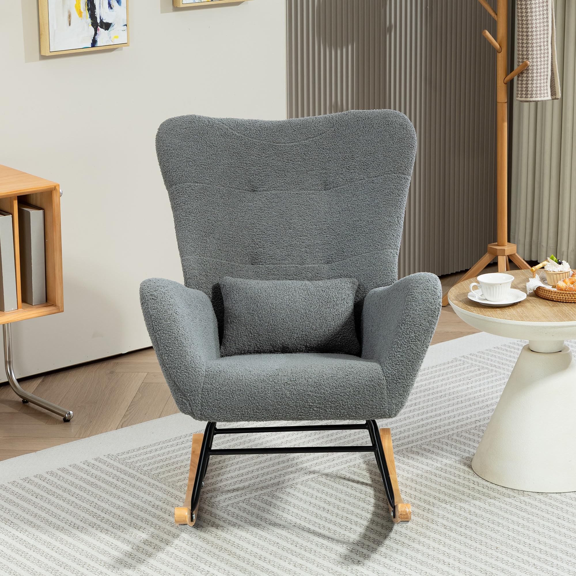 HOMCOM Silla Mecedora Moderna, Mecedora Tapizada en Terciopelo de Teddy, Sillón de Lactancia con Respaldo Acolchado Alto, Almohada, Patas de Madera, Bolsillo Lateral, para Dormitorio, Salón, Gris