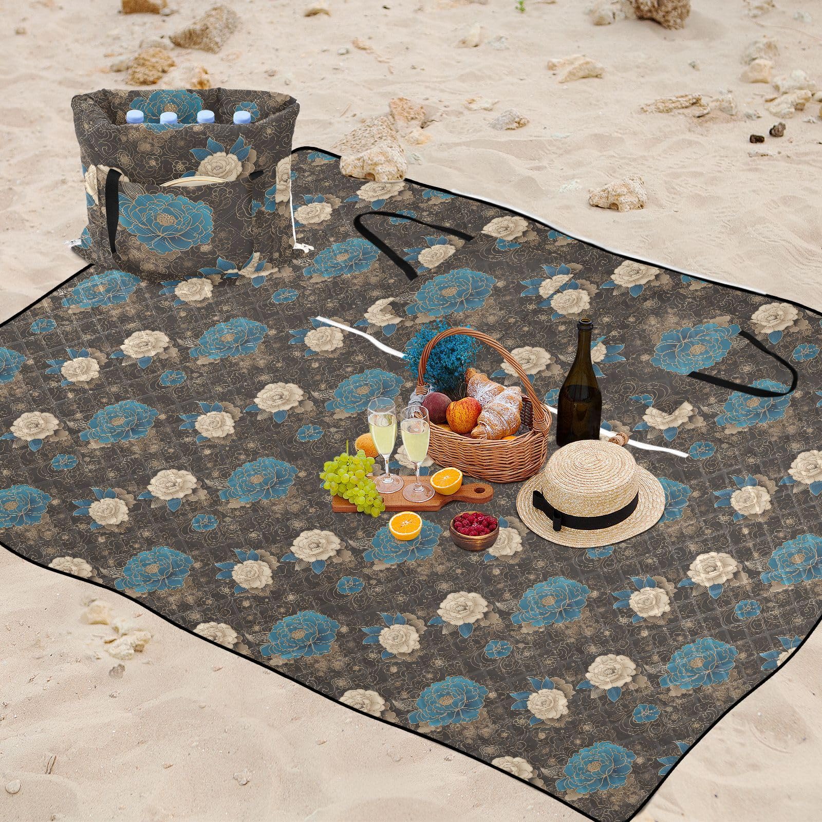 Accessori Spiaggia Erba Pieghevole Campeggio Coperta Packable per Outdoorsy Persone Picnic Articoli Peonia Cinese Floreale Oro Teal Nero estera de Playa