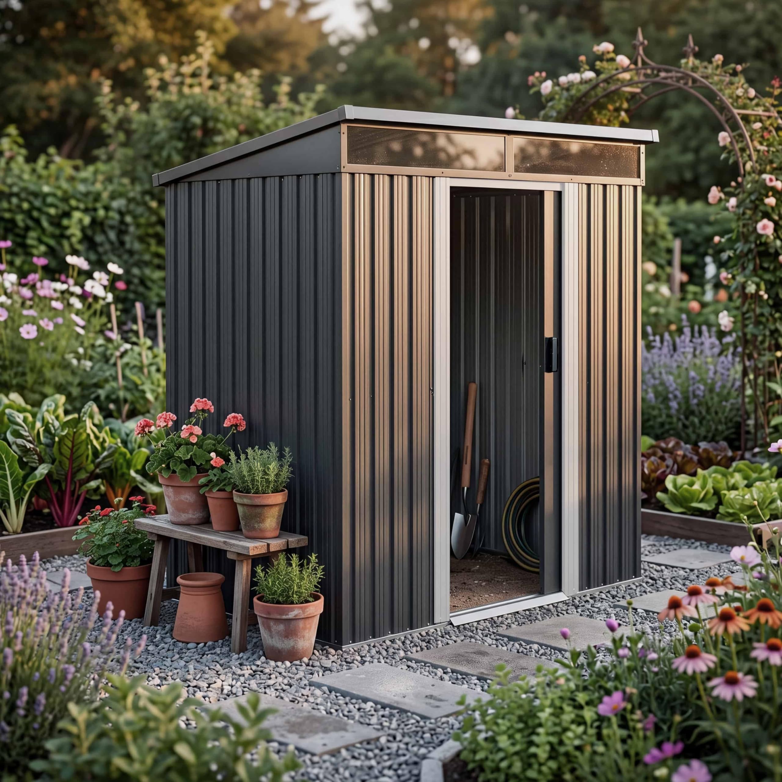 GARDEBRUKยฎ 6x4ft Metal Garden Shed with Foundation, Outdoor Storage for Garden Furniture, Pent Roof, 2 Windows, Bike Shed with Sliding Door, Galvanised Steel Shed, 200x125x180cm, Anthracite Grey