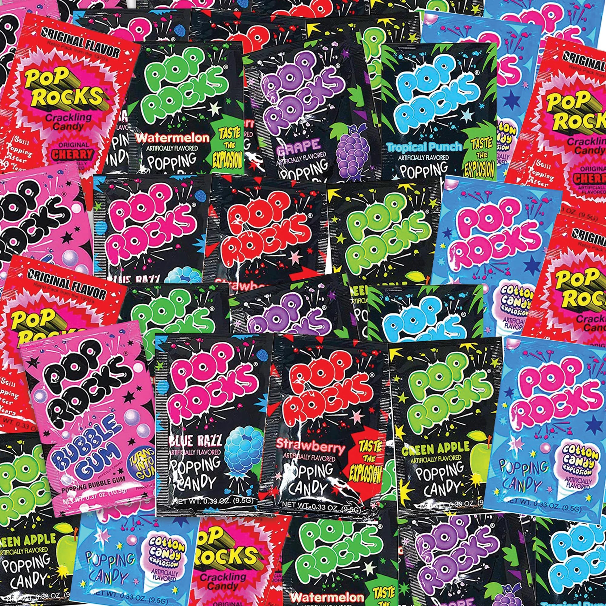 Popping Candy Bulk 216 Pack, Includes 24 each of 9 Flavors Variety Pack by Snackivore. Popping Candy Bulk Set Includes Cotton Candy, Strawberry, Crackling Gum, and More.