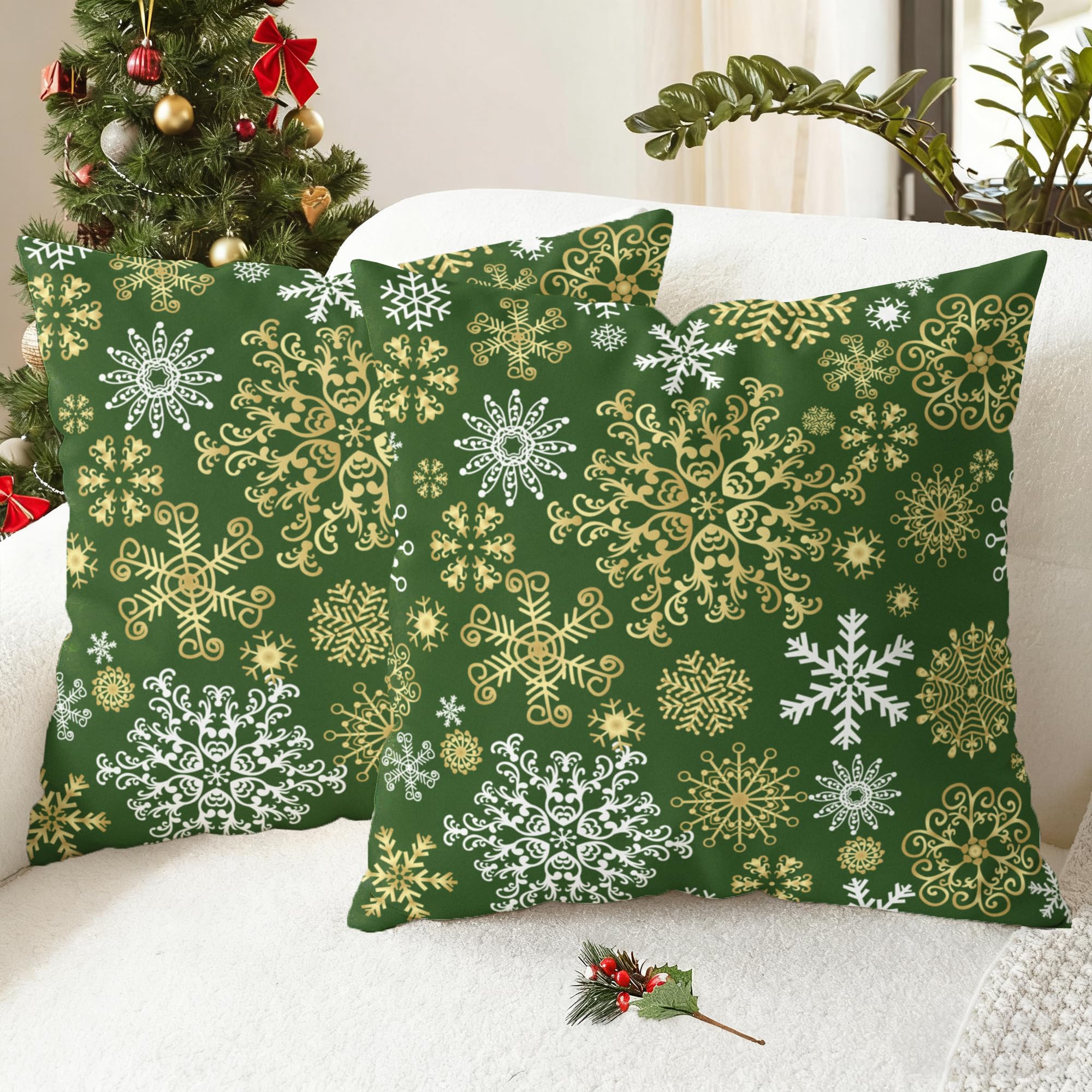CaliTime Cushion Covers Pack of 2 Cozy Fleece Throw Pillow Cases Covers for Couch Bed Sofa Christmas Snowflakes Both Sides 40cm x 40cm Christmas Green — image 1